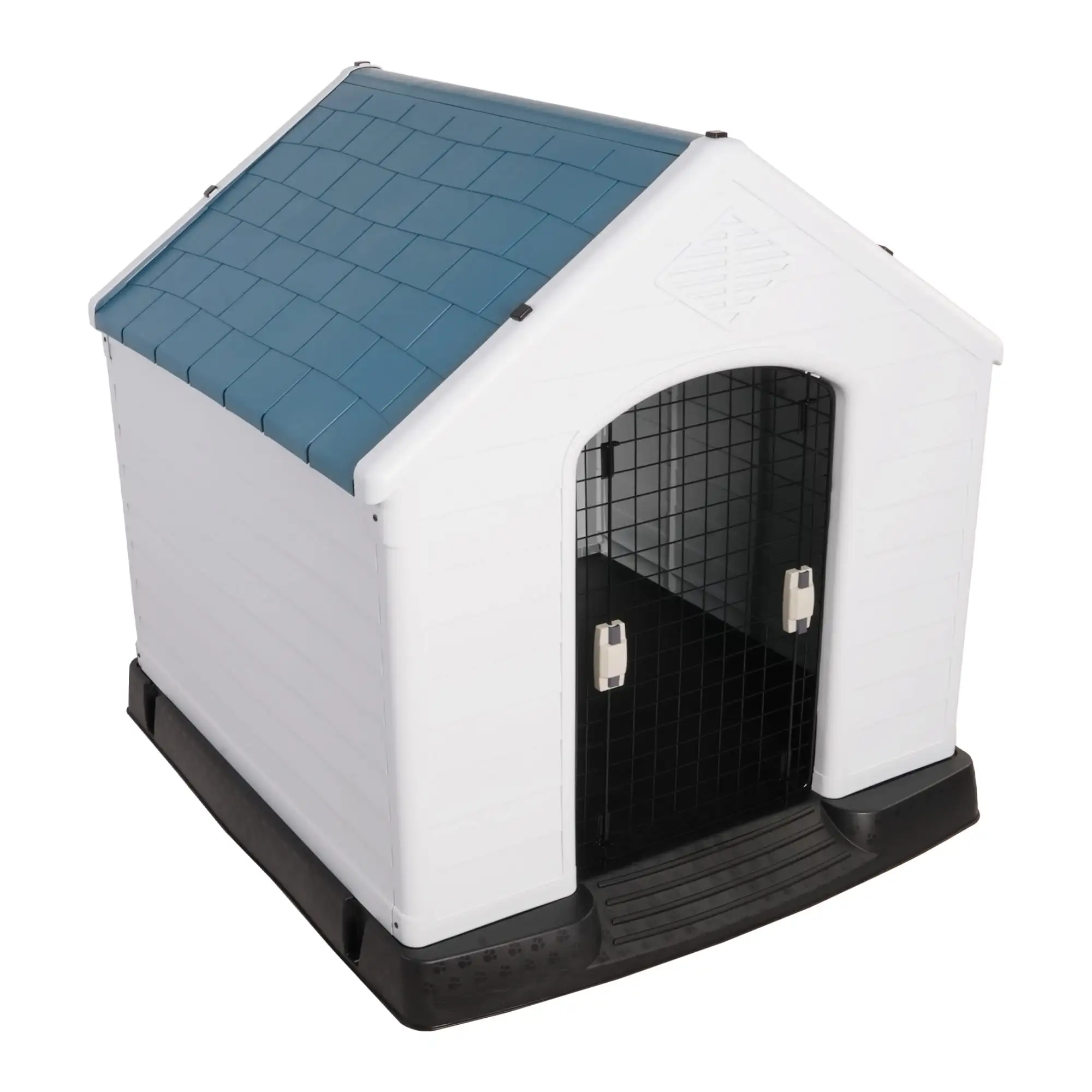 Plastic Outdoor Dog House with Iron Door for Pets. Weatherproof Kennel Small to Large Size. Blue & White