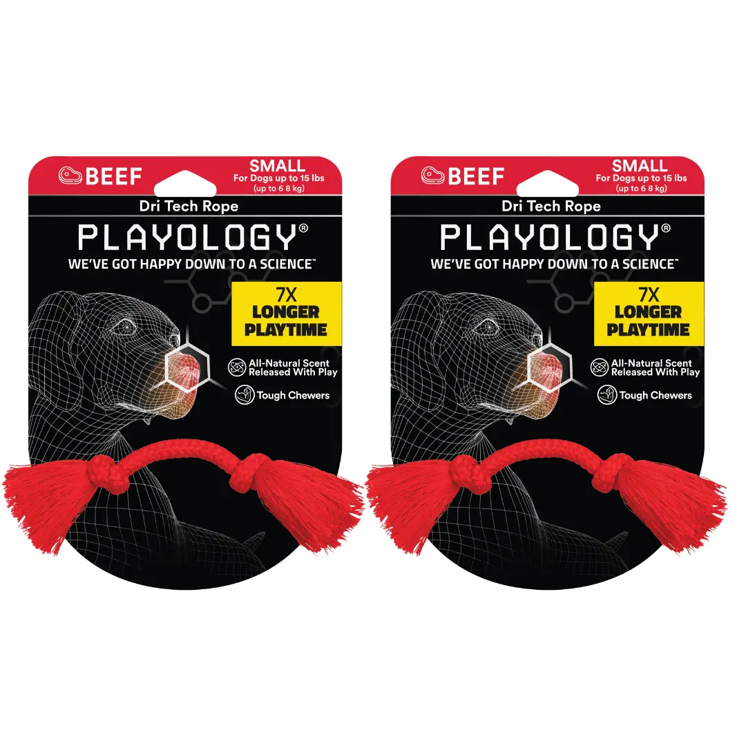 Playology Dri-Tech Dog Rope Toy. All-Natural Beef Scent. Small. Red. Pack of 2.