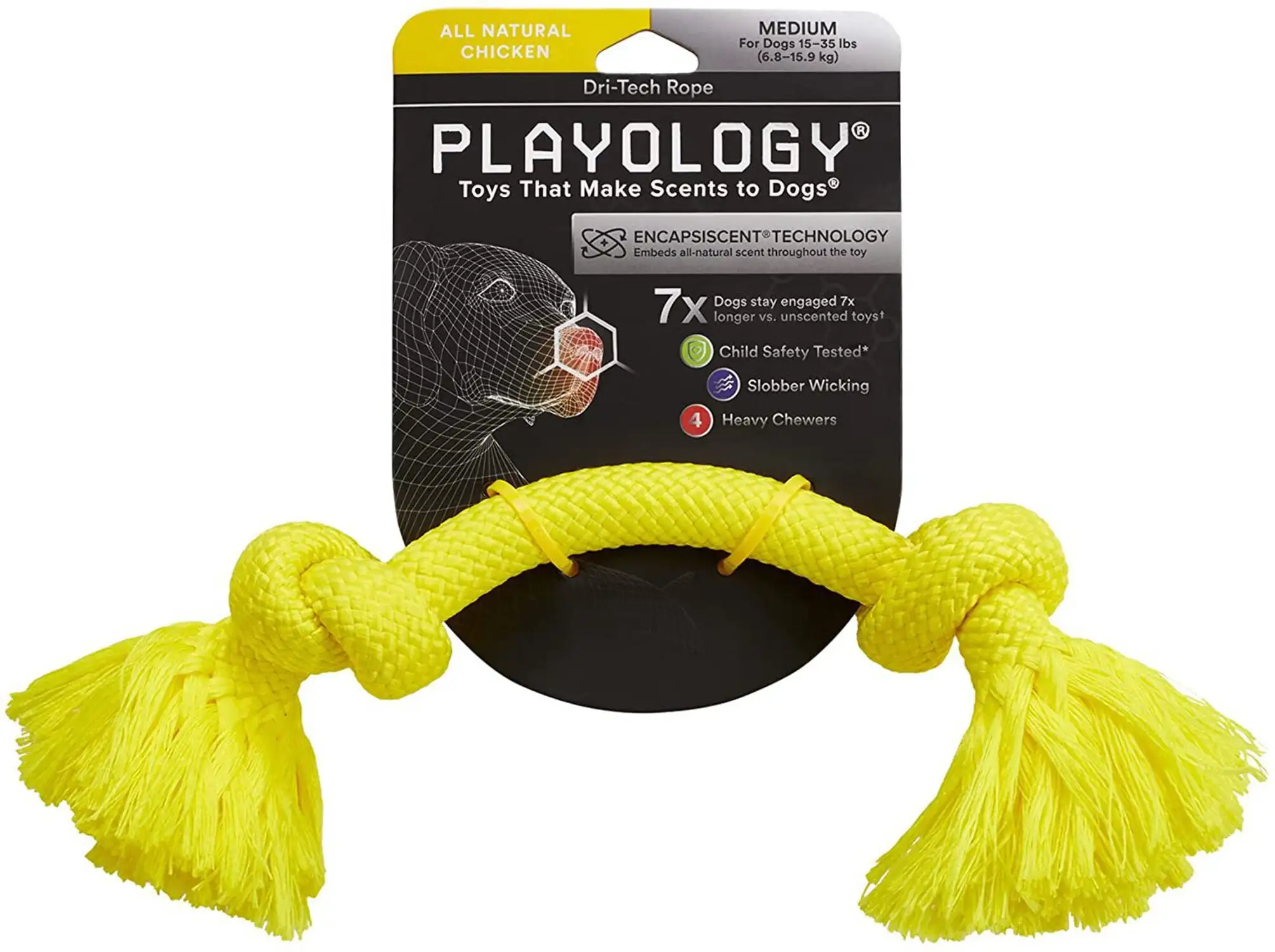 Playology - Dri-Tech Rope Dog Toy - Medium - Engaging All-Natural Chicken Scent/Yellow