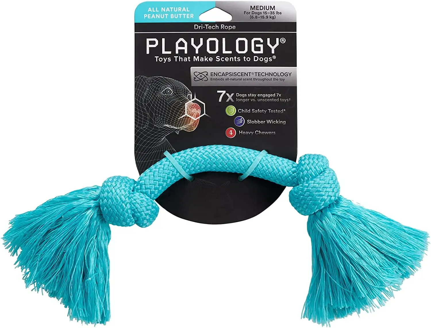 Playology - Dri-Tech Rope Dog Toy - Medium - Engaging All-Natural Peanut Butter Scent