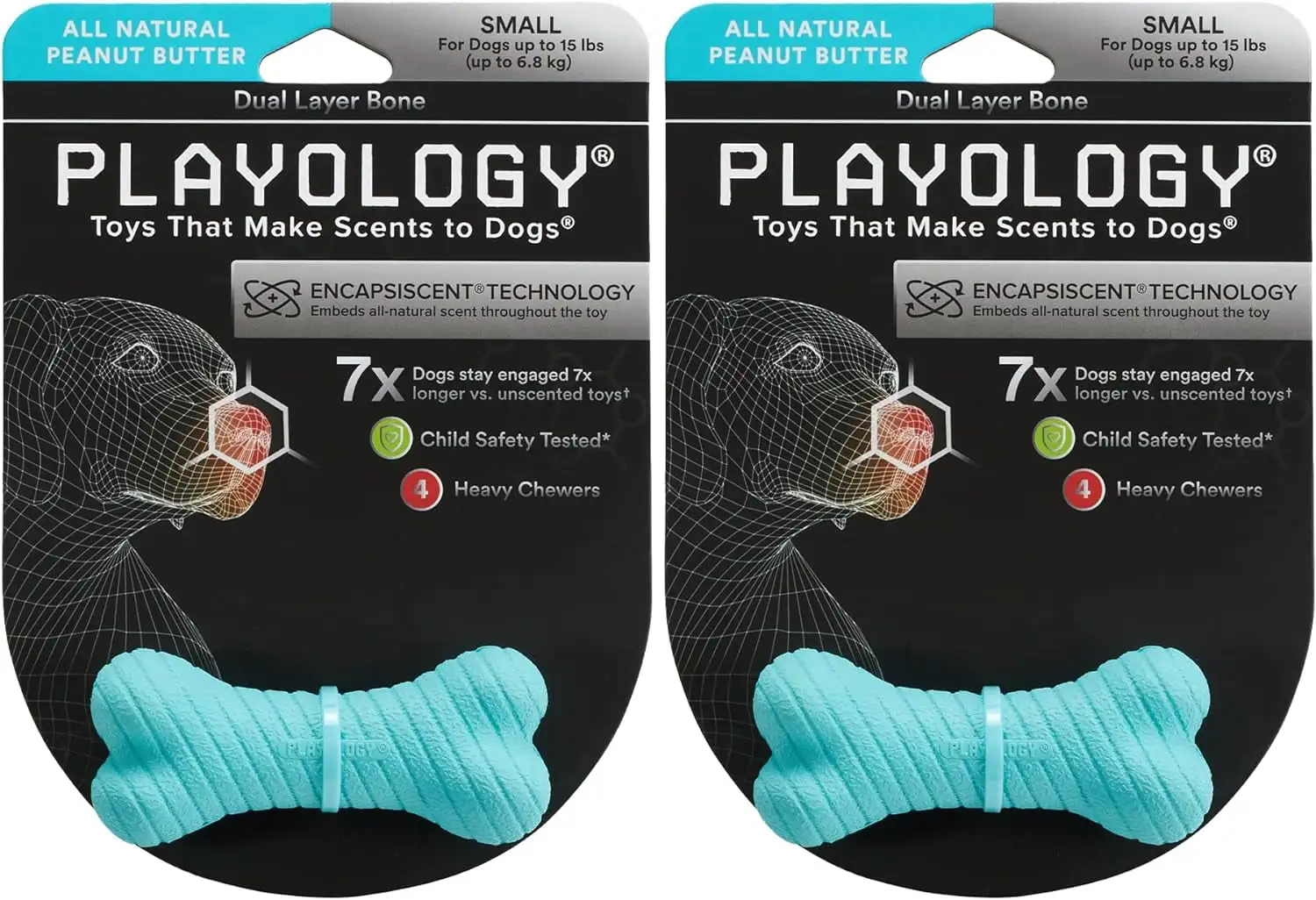 Playology Dual Layer Dog Bone Toy 2 Pack. All-Natural Peanut Butter Scent. Small. Blue.