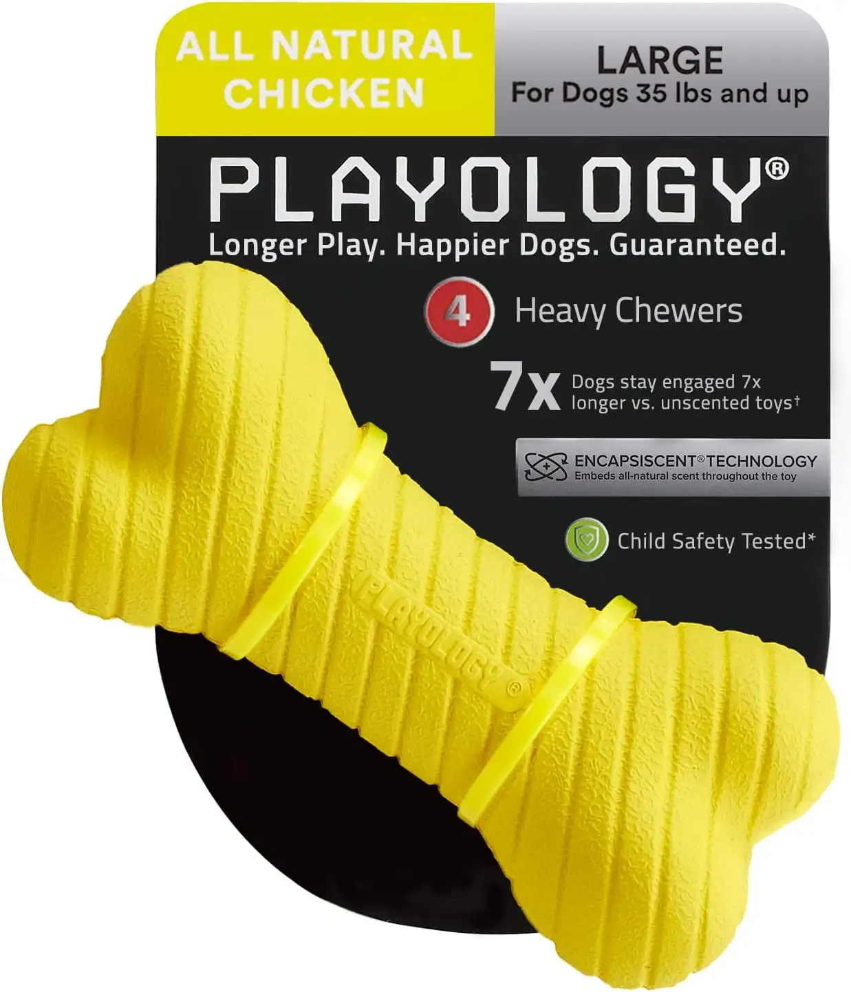 Playology Dual Layer Dog Bone Toy. All-Natural Chicken Scent. Large. Yellow.