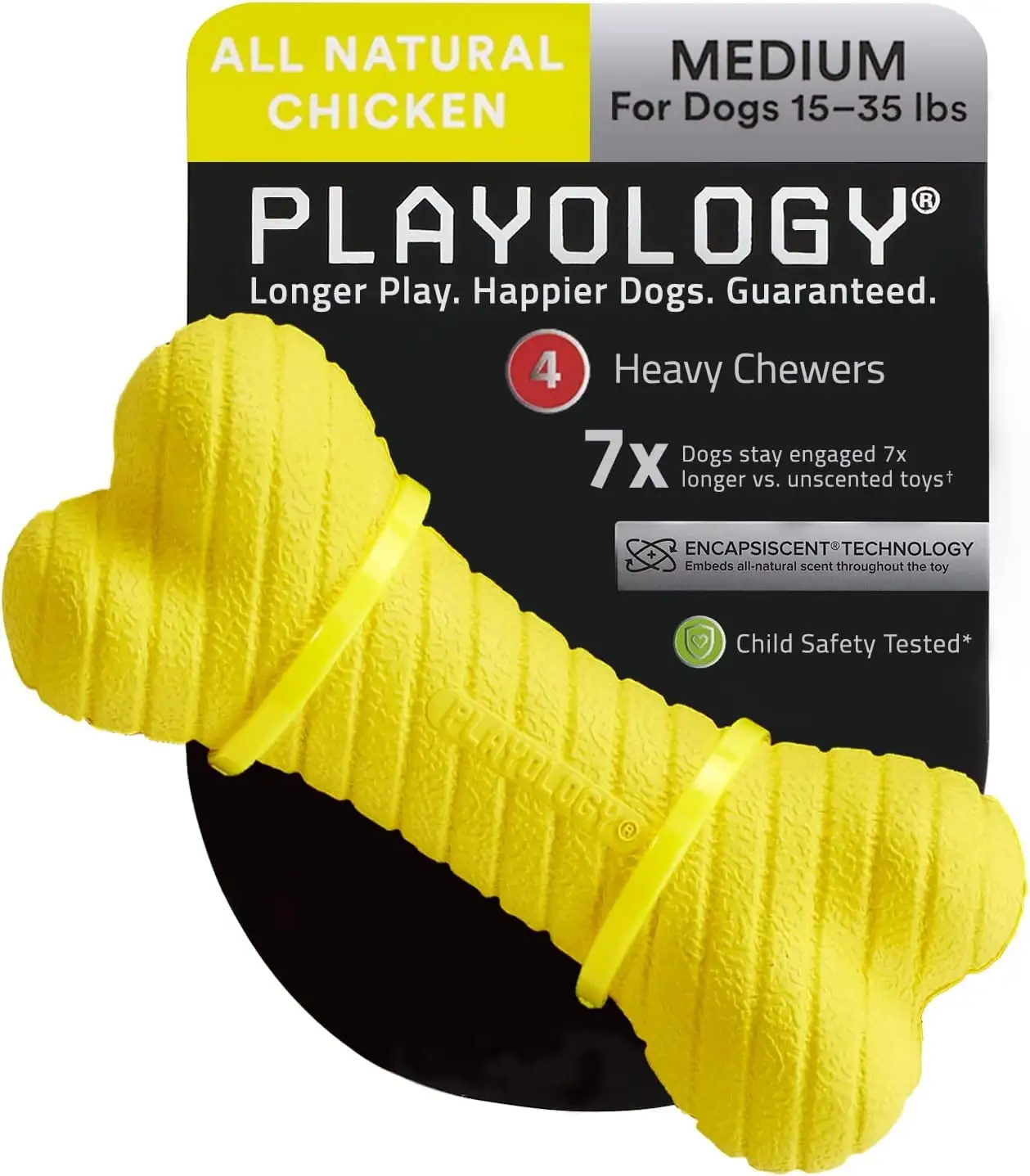 Playology Dual Layer Dog Bone Toy. All-Natural Chicken Scent. Medium. Yellow.