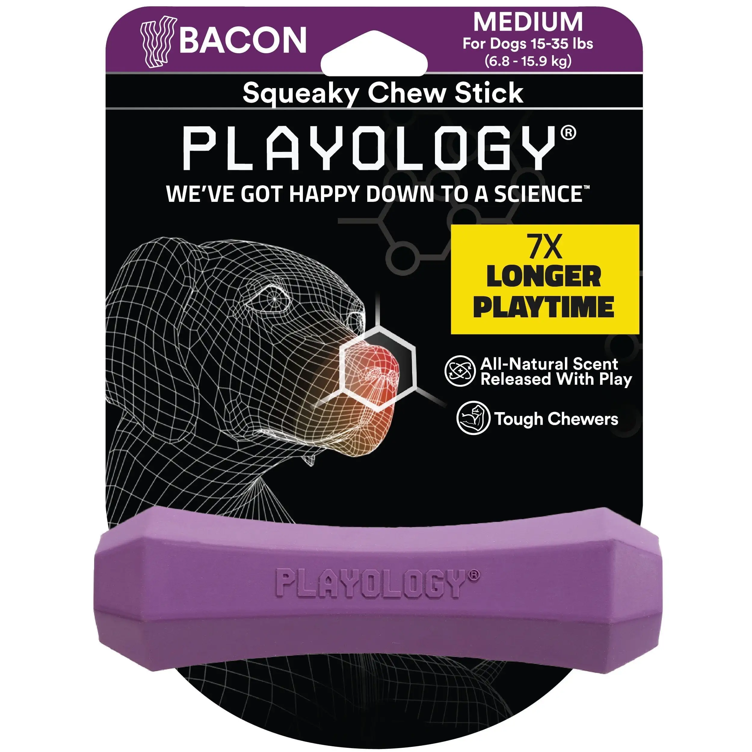 Playology Squeaky Dog Chew Stick Toy. All-Natural Bacon Scent. Medium. Purple.