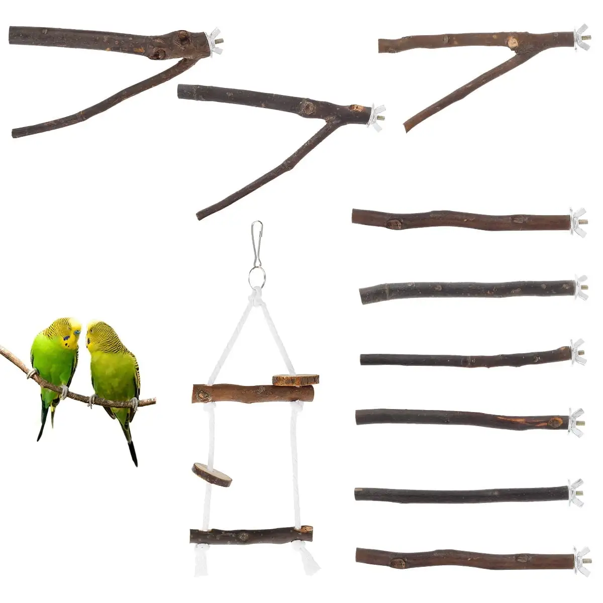 Pluokvzr 10pcs Bird Parrot Perch Stand Set - Natural Wood Bird Parrot Stand Branches Fork Perch Rod Stand for Small Parakeets