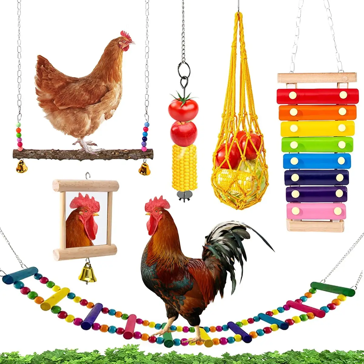 Pluokvzr 6PCS Chicken Toys Set Chewing Foraging Toys Parrot Playing Training Toys with Wooden Swing Fruit Vegetable Hanging Feeder