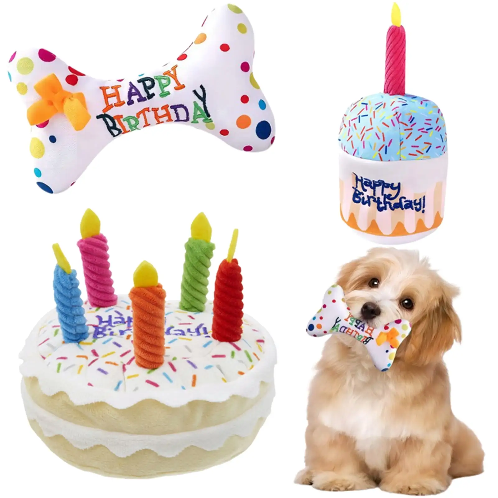 Pnellth Dog Cake Toy Colorful Candles Bite Resistant Dog Gift Soft Plush Dog Birthday Cake Toy Embroidered Bone Dog Chew Toy