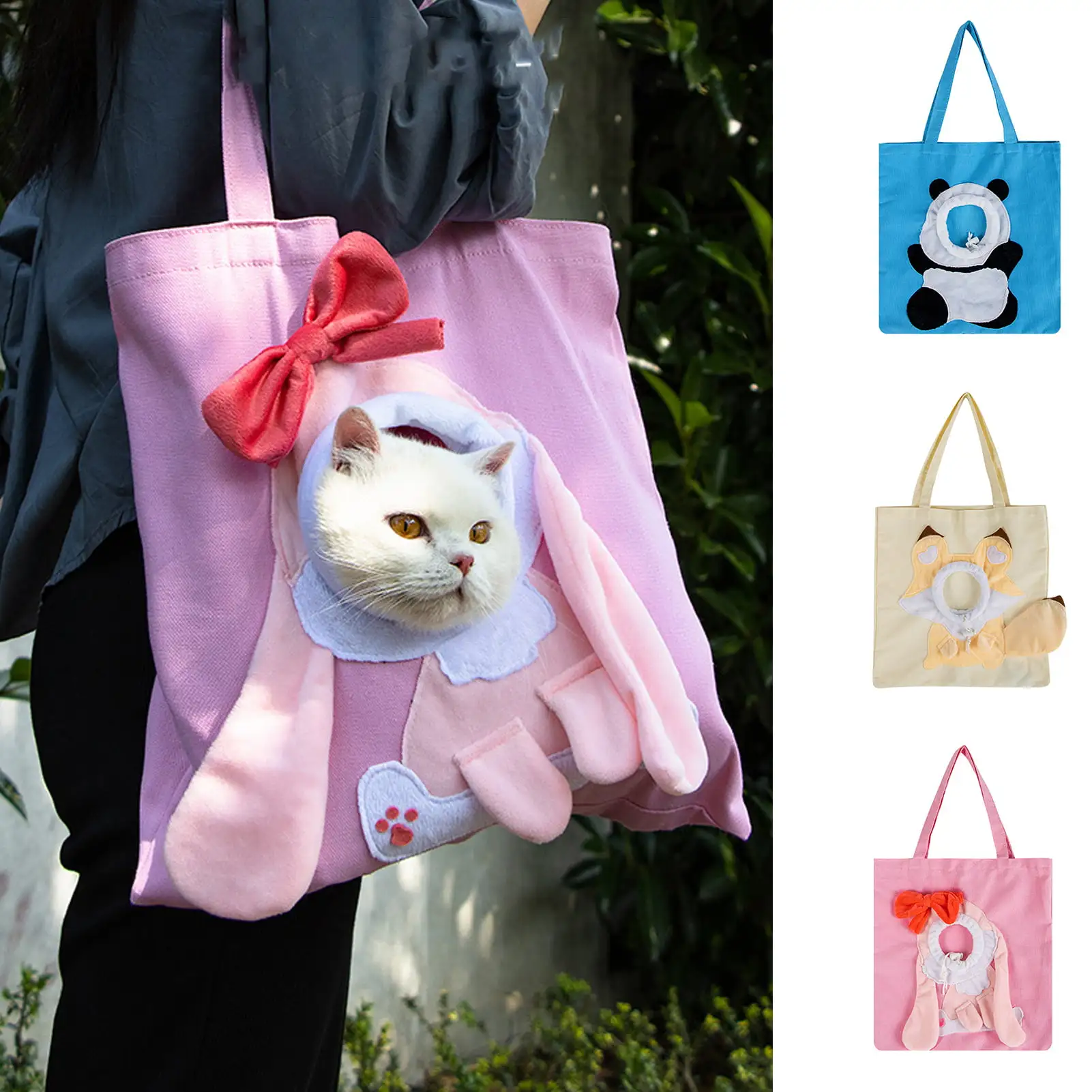 Pnellth Pet Bag Big Opening Breathable Large Space Canvas Cartoon Panda Shape Pet Cat Travel Bag Outdoor Supply