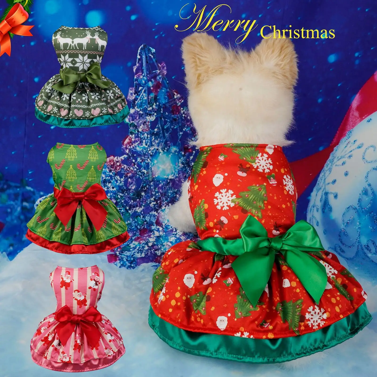 Pnellth Pet Christmas Dress Easy to Wear Charming Bowknot Decoration Dogs Holiday Clothes