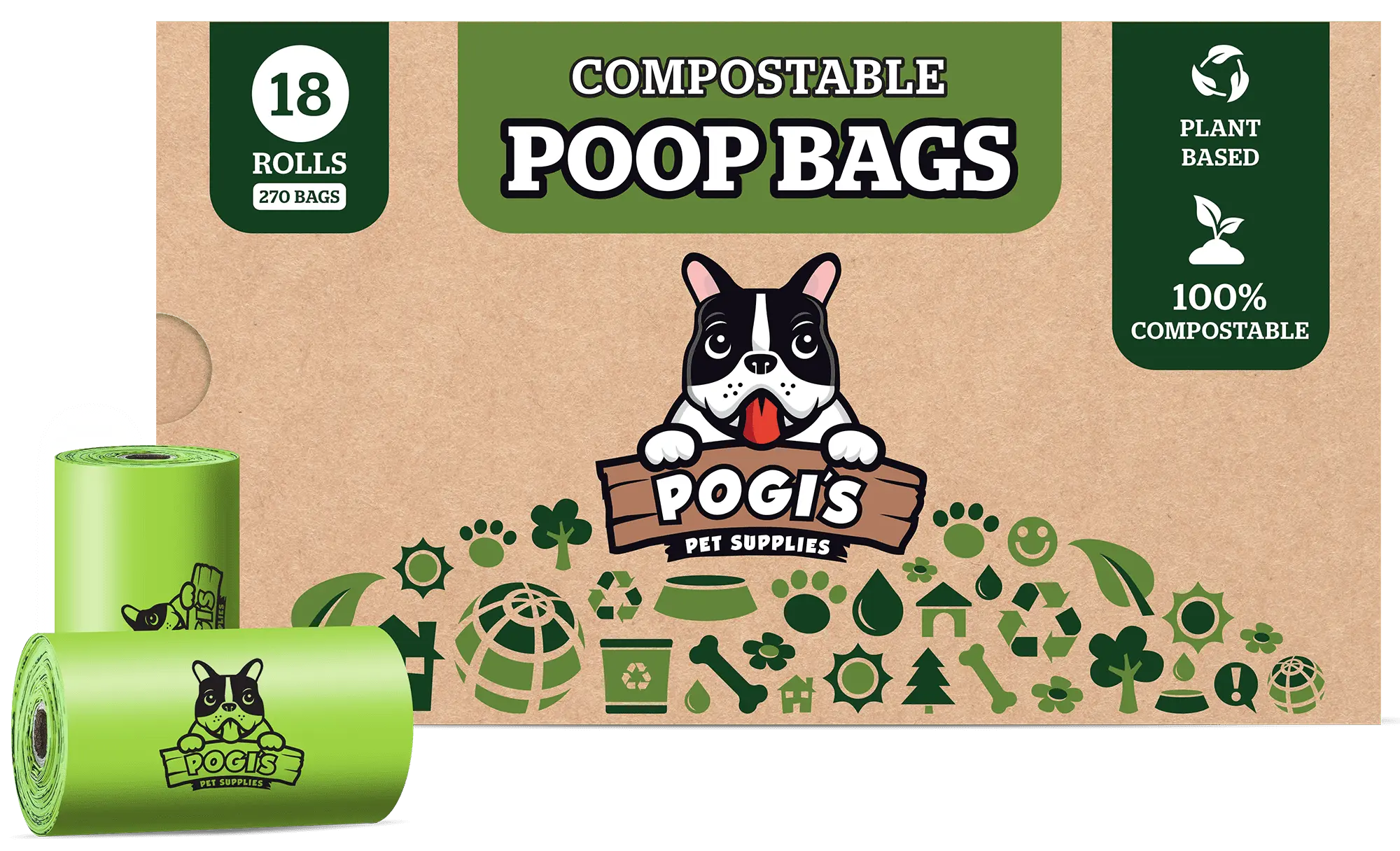 Pogi's Compostable Poop Bags - Leak-Proof. Extra-Large. Plant-based. ASTM D6400 Certified Home Compostable Waste Bags for Dogs. 18 Rolls (270 Bags)