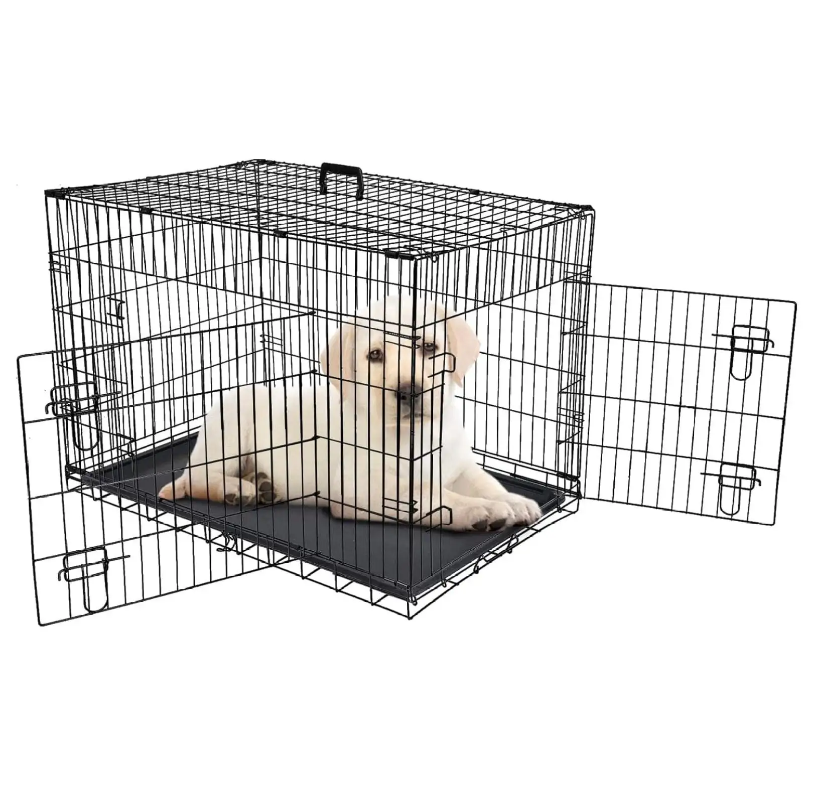 Portable Pet Crate 36 Inch Dog Crate for Medium Dogs Foldable Double Door Metal Frame Kennel Cage with Handle and Removable Proof Tray for Indoor & Outdoor Travel Use