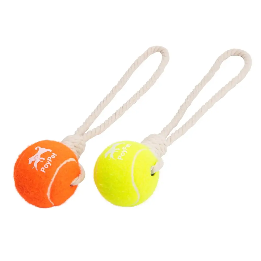 PoyPet Dog Tennis Ball with Rope .Dog Rope Toys Ball with Handle for Training Pull Throw Toy tug Toy Dogs Fetch Toys .2 Set Orange and Yellow