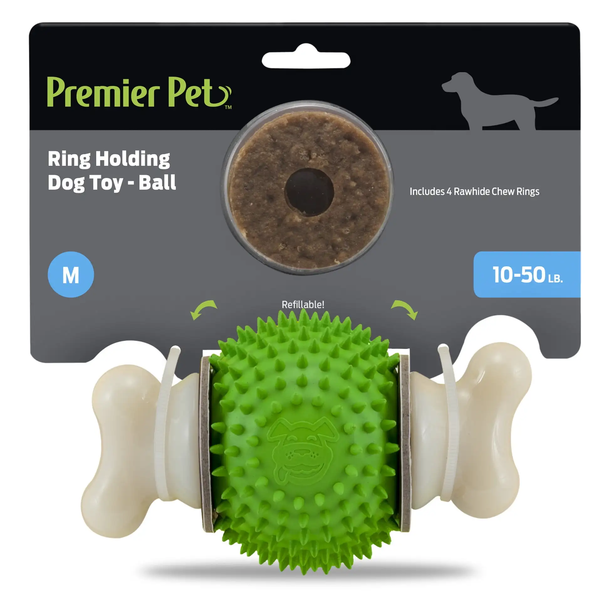 Premier Pet Ring Holding Dog Toy For Medium Dogs - Ball With Refillable. Rawhide Chew Rings - Durable Treat and Toy Combo for Long-Lasting Play