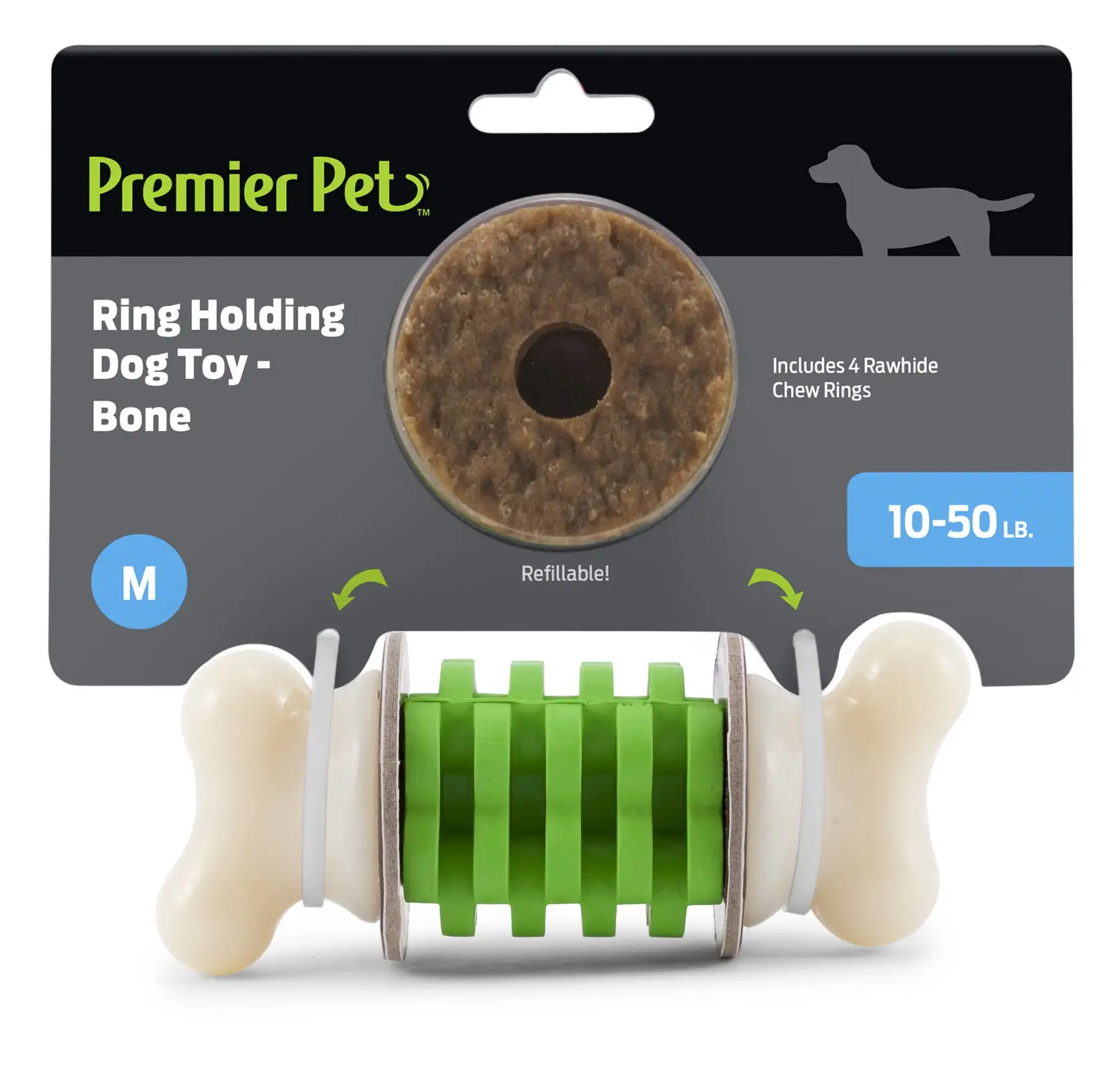 Premier Pet Ring Holding Dog Toy For Medium Dogs - Bone With Refillable. Rawhide Chew Rings - Durable Treat and Toy Combo for Long-Lasting Play