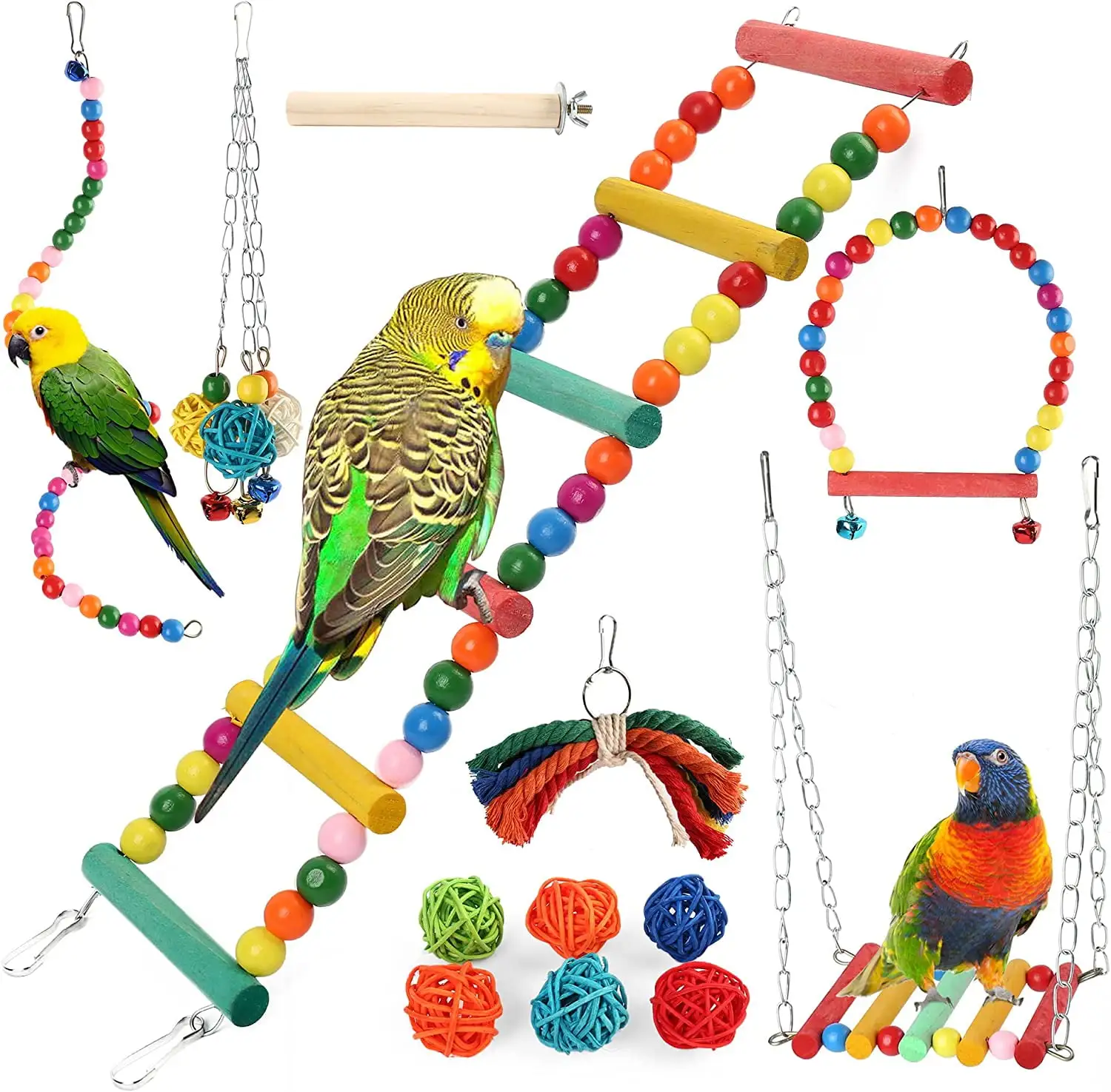 PrimePets 13Pcs Bird Parrot Toys for Cockatiel Conure Finches. Bird Parakeet Cage Swing Hanging Toys