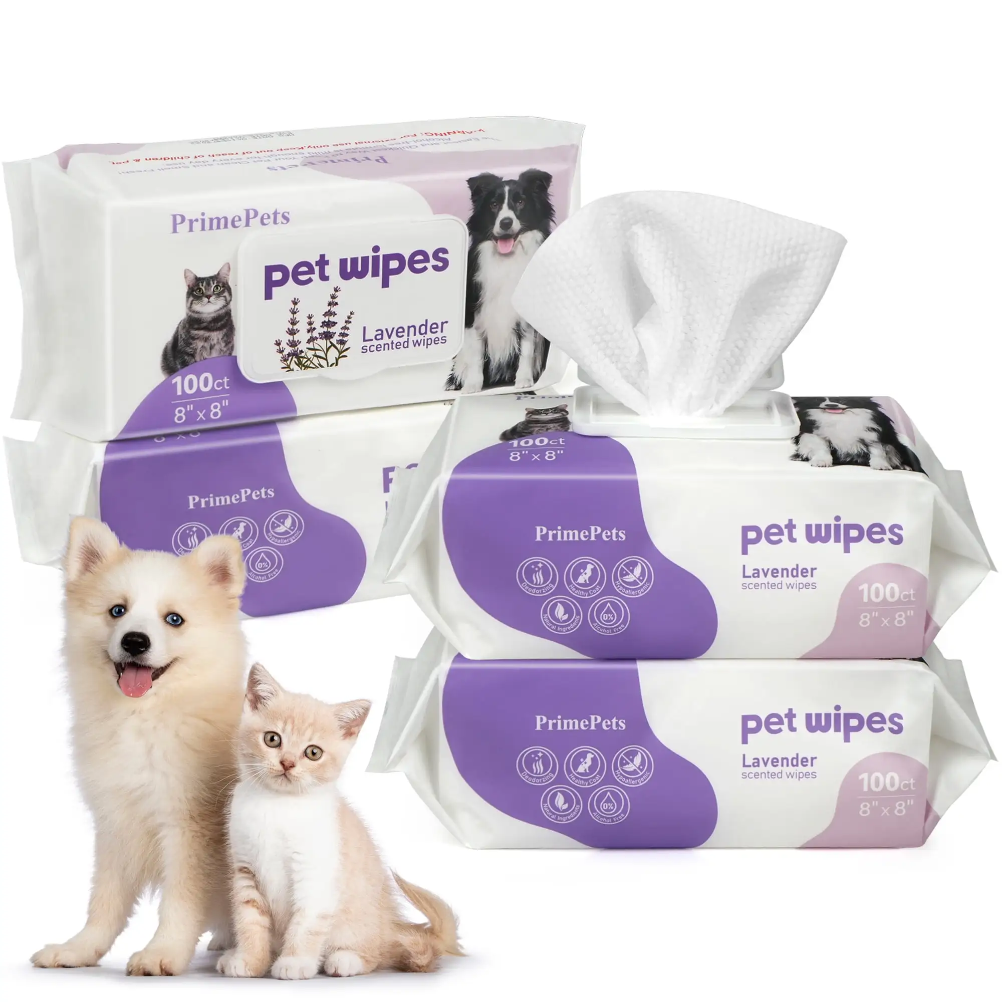 PrimePets 8x8 in Pet Grooming Wipes for Dogs Cats. Jumbo Deodorizing Wipes. Lavender Scented.400 Ct