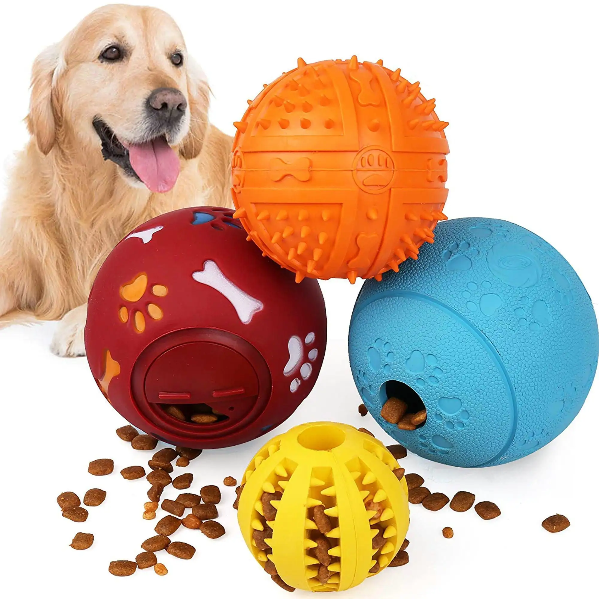 Primepets 4 Pack Large Dog Treat Ball. Interactive Food Dispensing Puppy Puzzle Toy. Natural Rubber