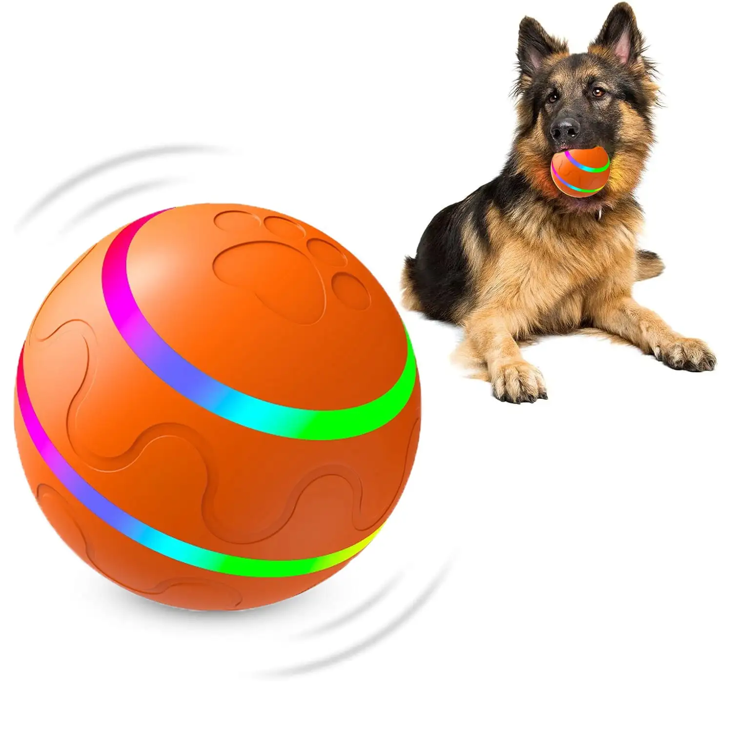 Prociv Interactive Dog Toys Dog Ball. Durable Automatic Rolling Ball with Led Flash Lights for Small Meduium Large Dogs Breed. USB Rechargeable Orange