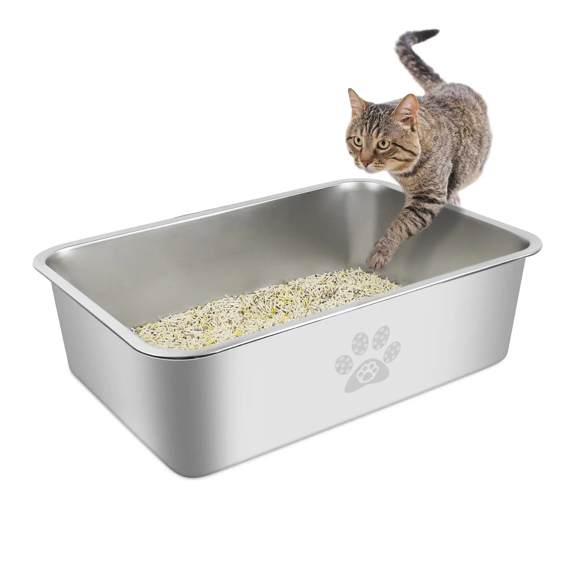 Ptlom Cat Litter Box with High Sides Big Stainless Steel Cat Litter Pan 15.7 x 11.8 x 3.9