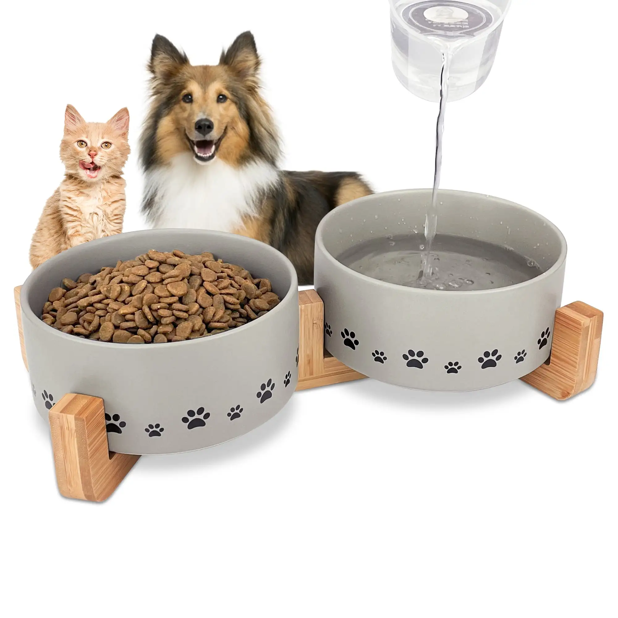 Ptlom Ceramic Pet Bowl. Cat Dog Food and Water Bowl Set With Stand. Gray. 6.1inch