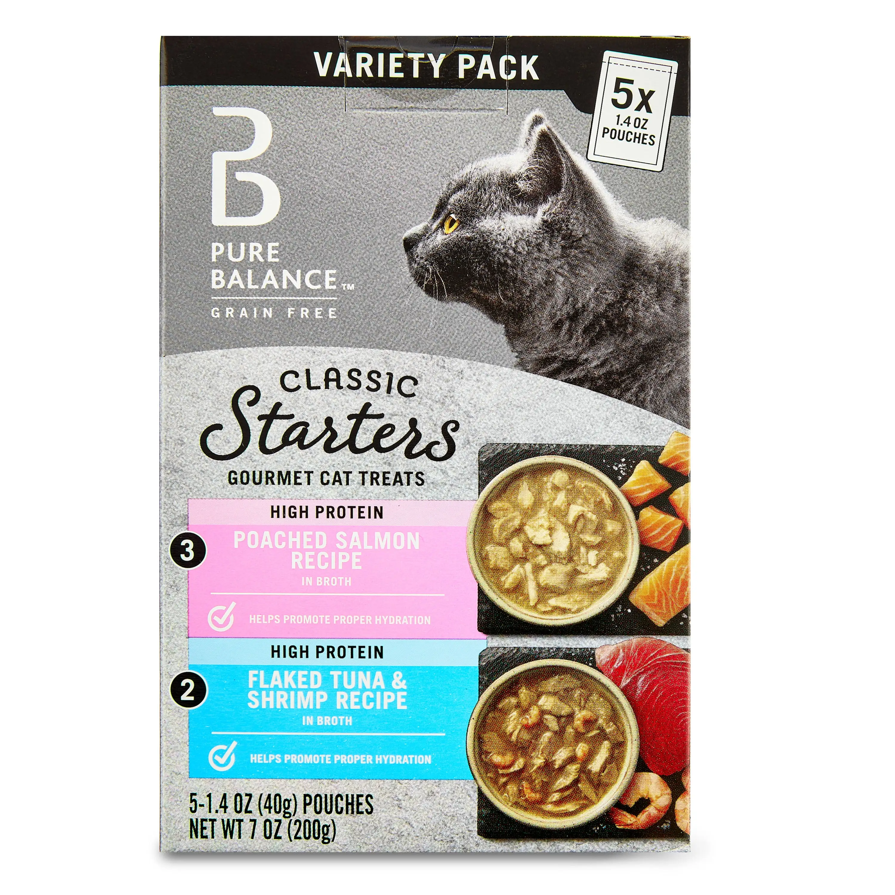 Pure Balance Classic Starters Gourmet Cat Treats. Poached Salmon in Broth and Flaked Tuna & Shrimp in Broth Variety Pack. 1.4 oz. 5 Count