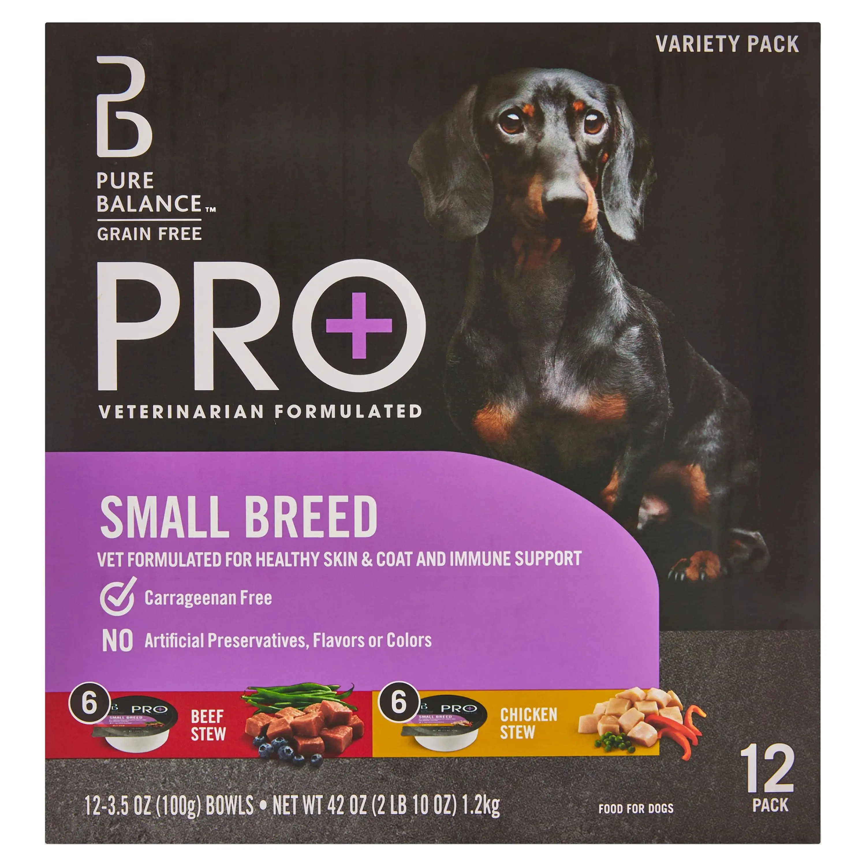 Pure Balance Pro+ Beef Stew & Chicken Stew Wet Dog Food for Small Breeds. Grain Free. 3.5 oz Cups (12 Pack)