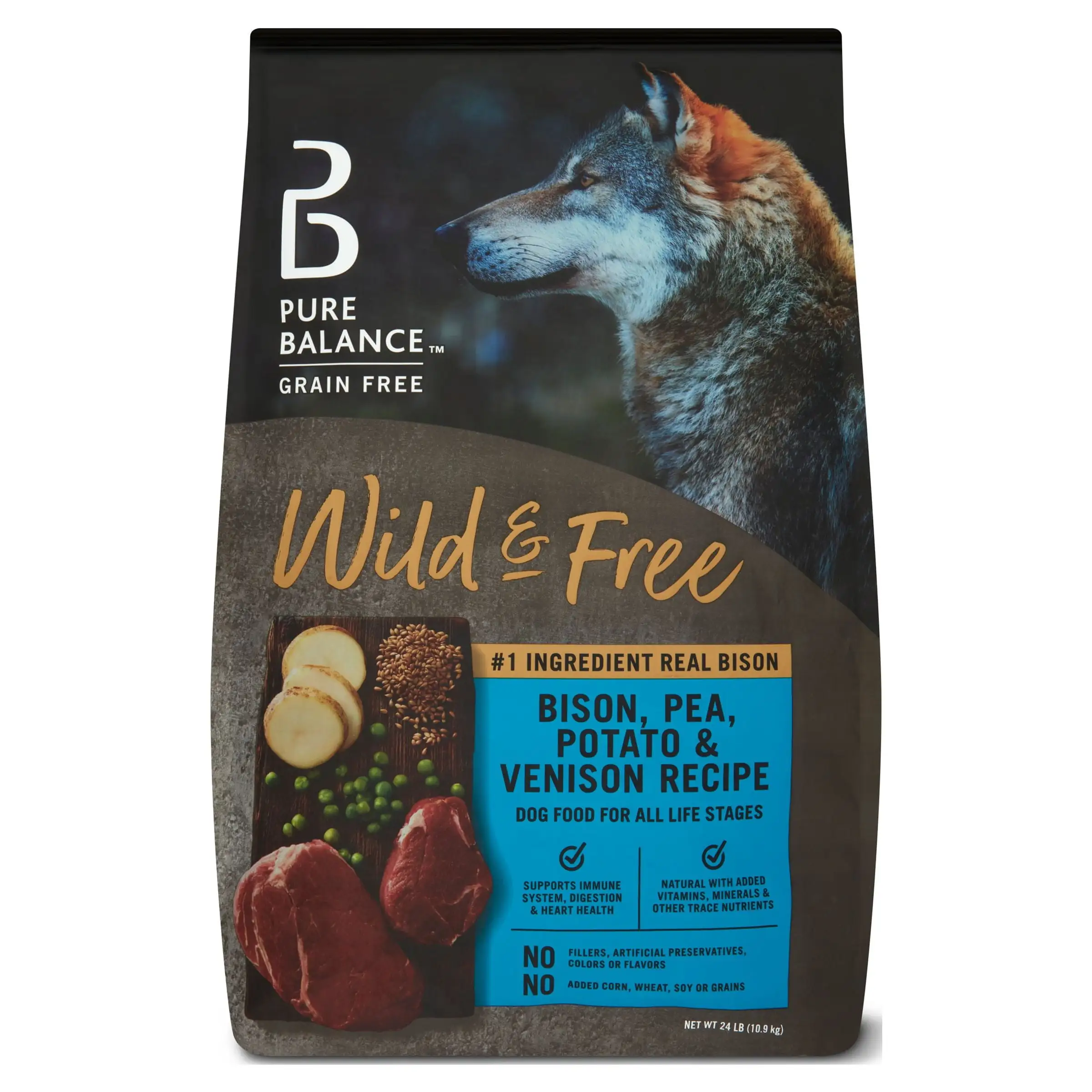 Pure Balance Wild & Free Bison. Pea. Potato & Venison Recipe Dry Dog Food. Grain Free. 24 lbs