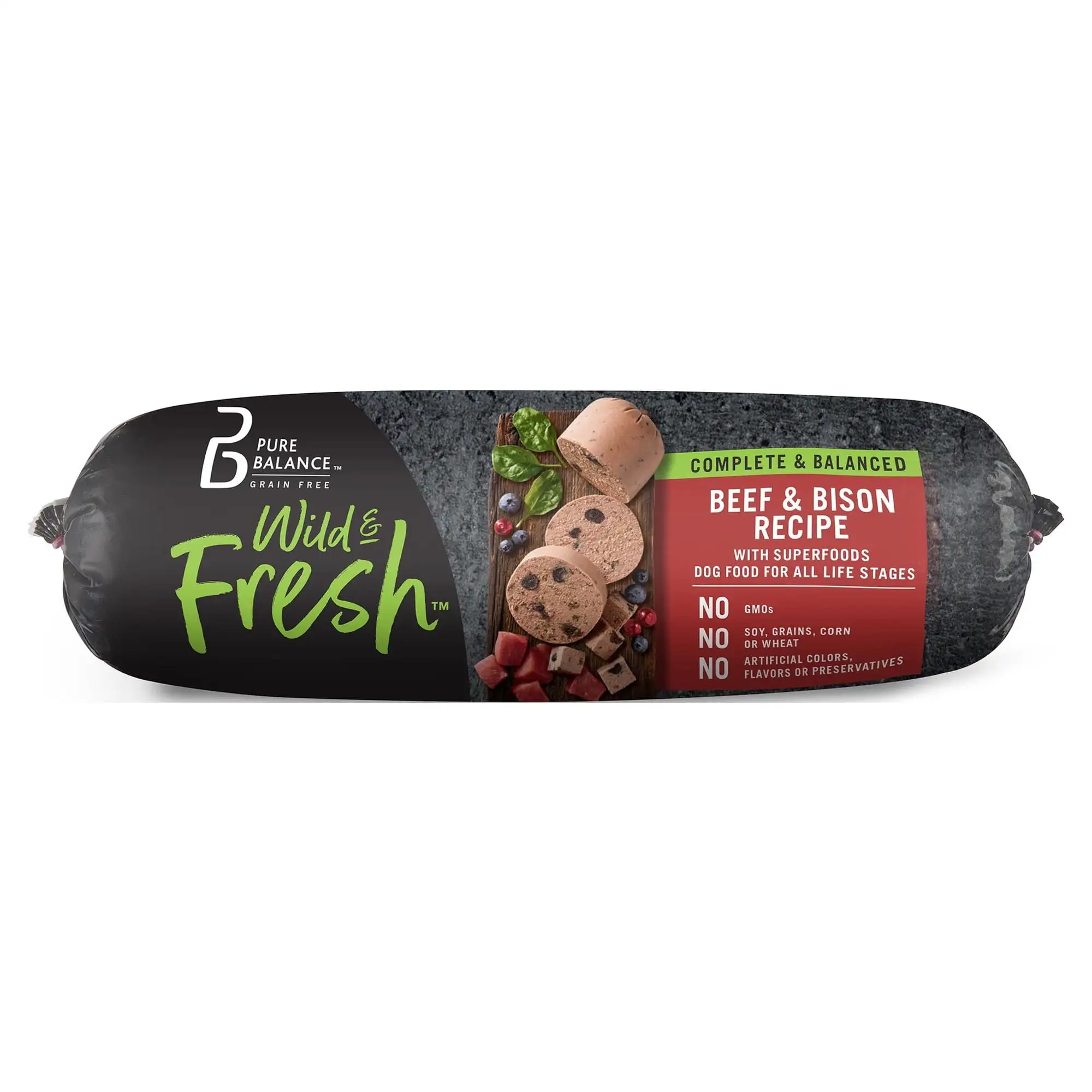 Pure Balance Wild & Fresh Dog Food. Beef & Bison Recipe. Rolled Chub. Dog Food for All Lifestages. 2 lb