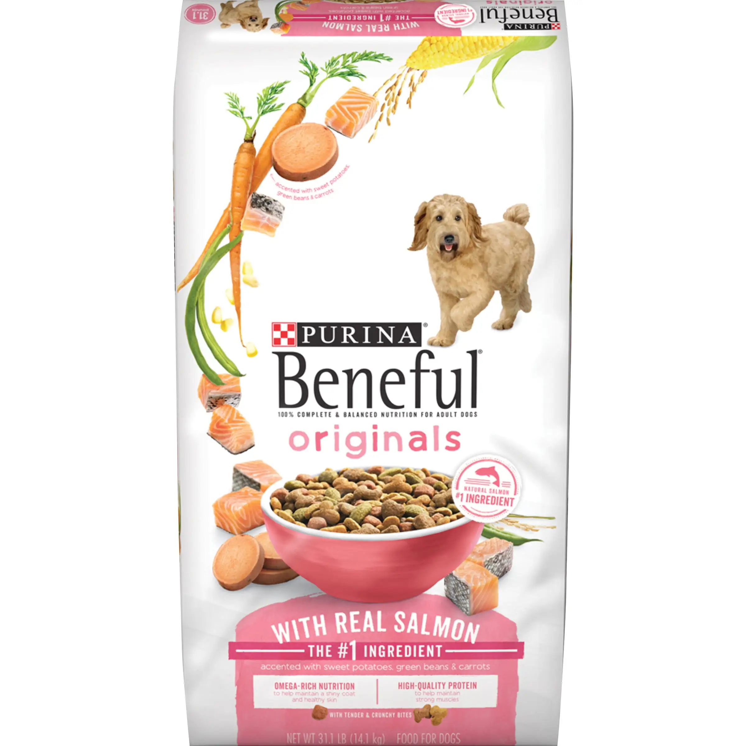 Purina Beneful Dry Dog Food. Originals Real Salmon With Sweet Potatoes. Green Beans & Carrots. 31.1 lb. Bag