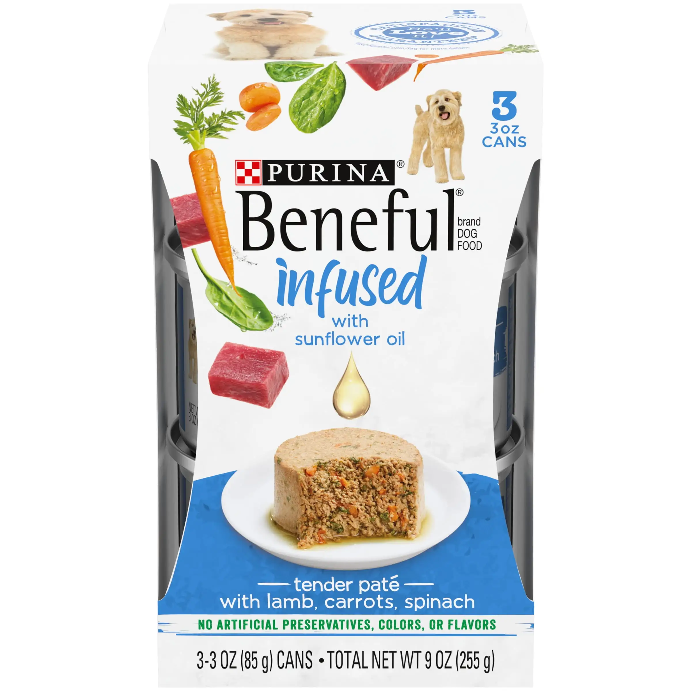 Purina Beneful Infused with Sunflower Oil Wet Dog Food Pate. Lamb. Carrots & Spinach. 3 oz Can (3 Pack)