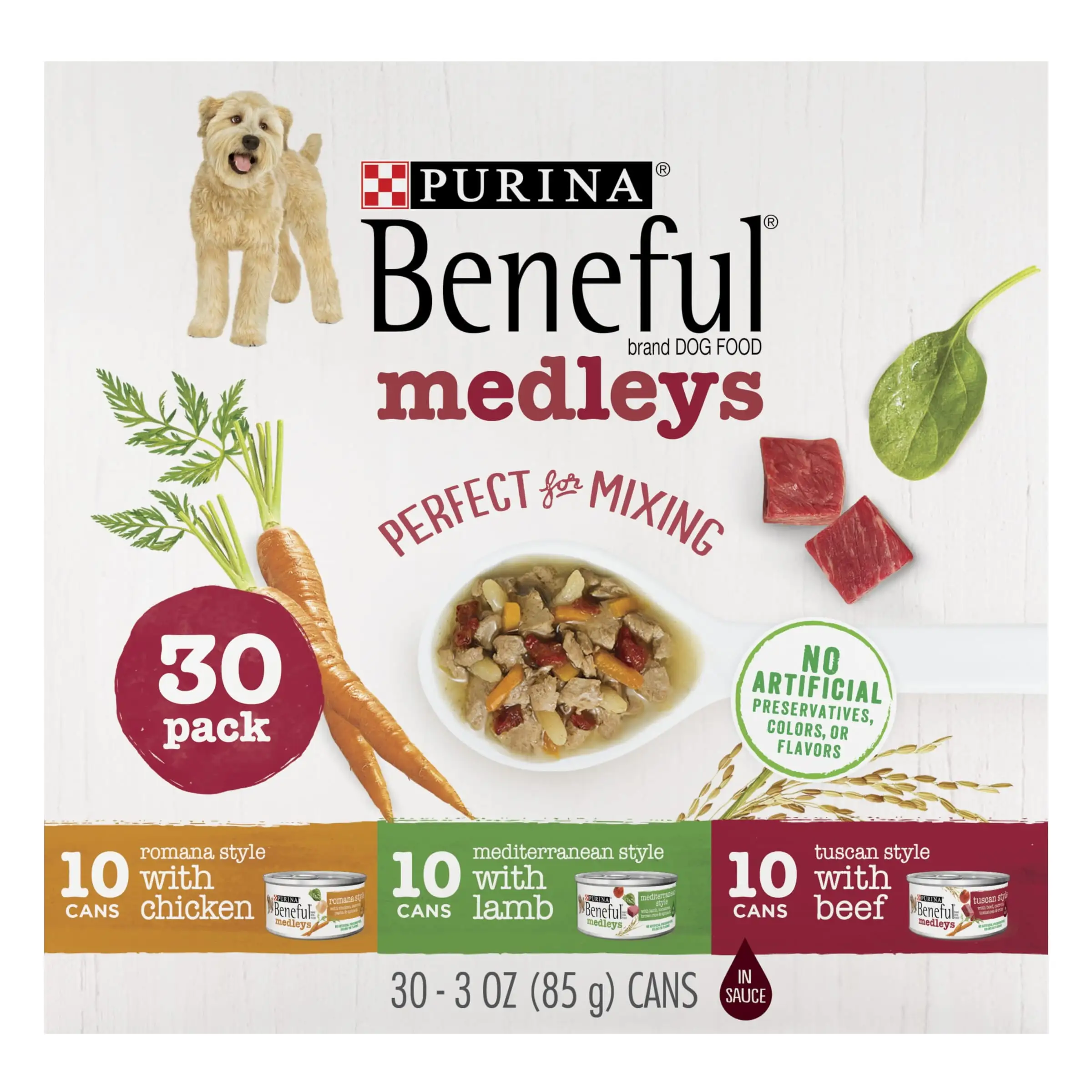 Purina Beneful Medley Wet Dog Food for Adult Dogs Variety Pack. Real Chicken. Lamb & Beef. 3 oz Cans (30 Pack)