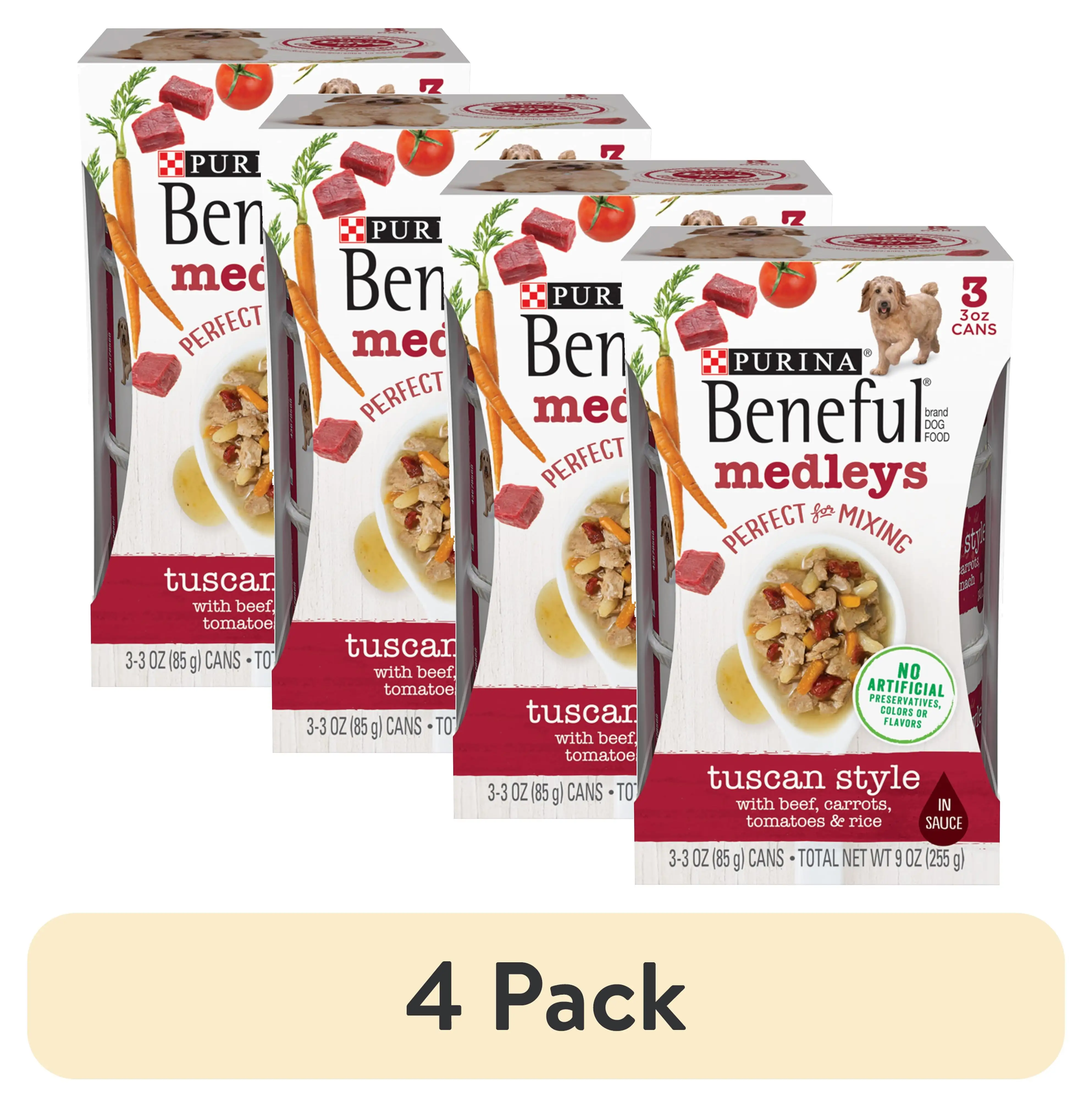 (4 pack) Purina Beneful Medleys Wet Dog Food. Farm Raised Beef Stew Variety Pack. 3 oz Can