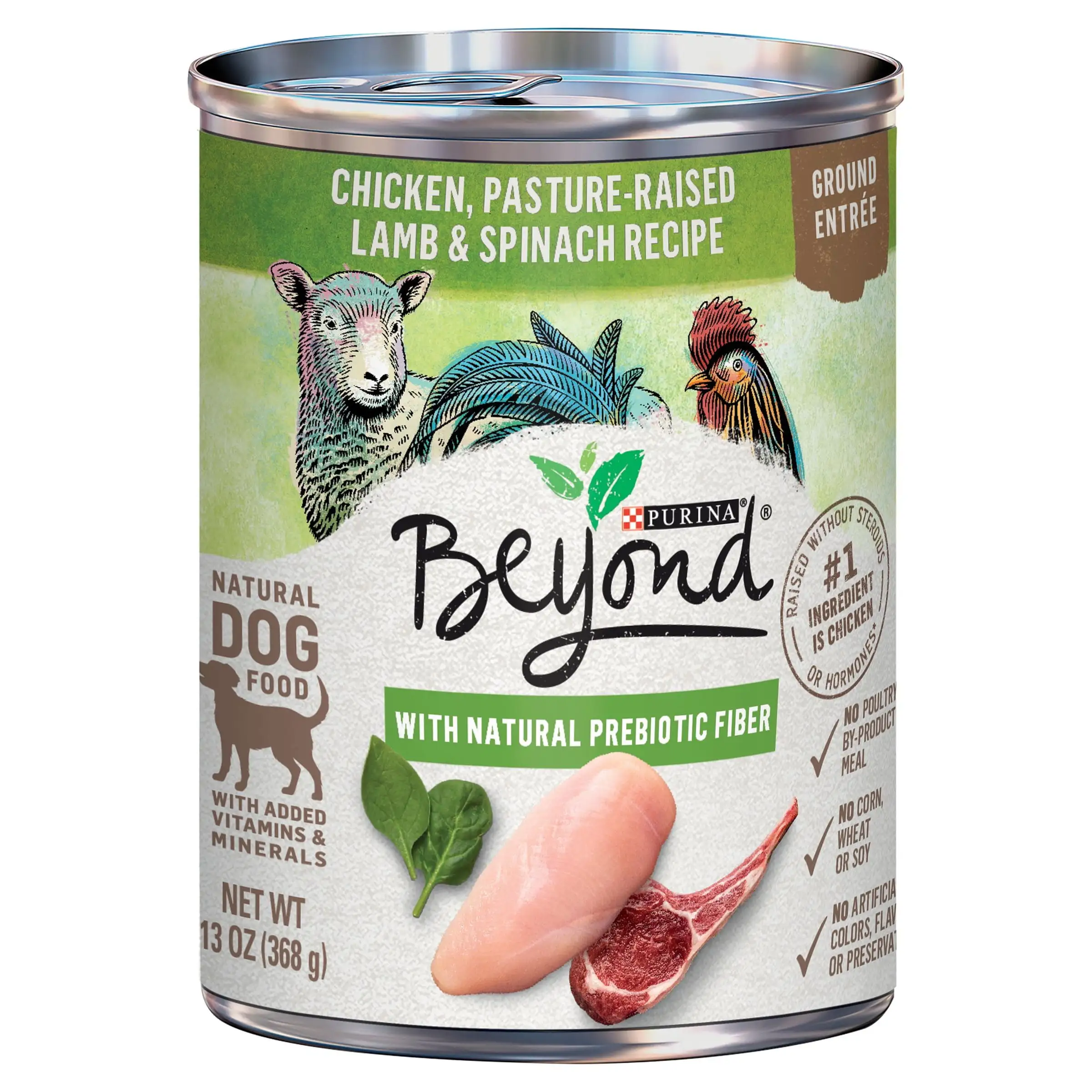 Purina Beyond Grain Free. Natural Ground Entree Wet Dog Food. Grain Free Chicken. Lamb & Spinach Recipe. 13 oz. Can