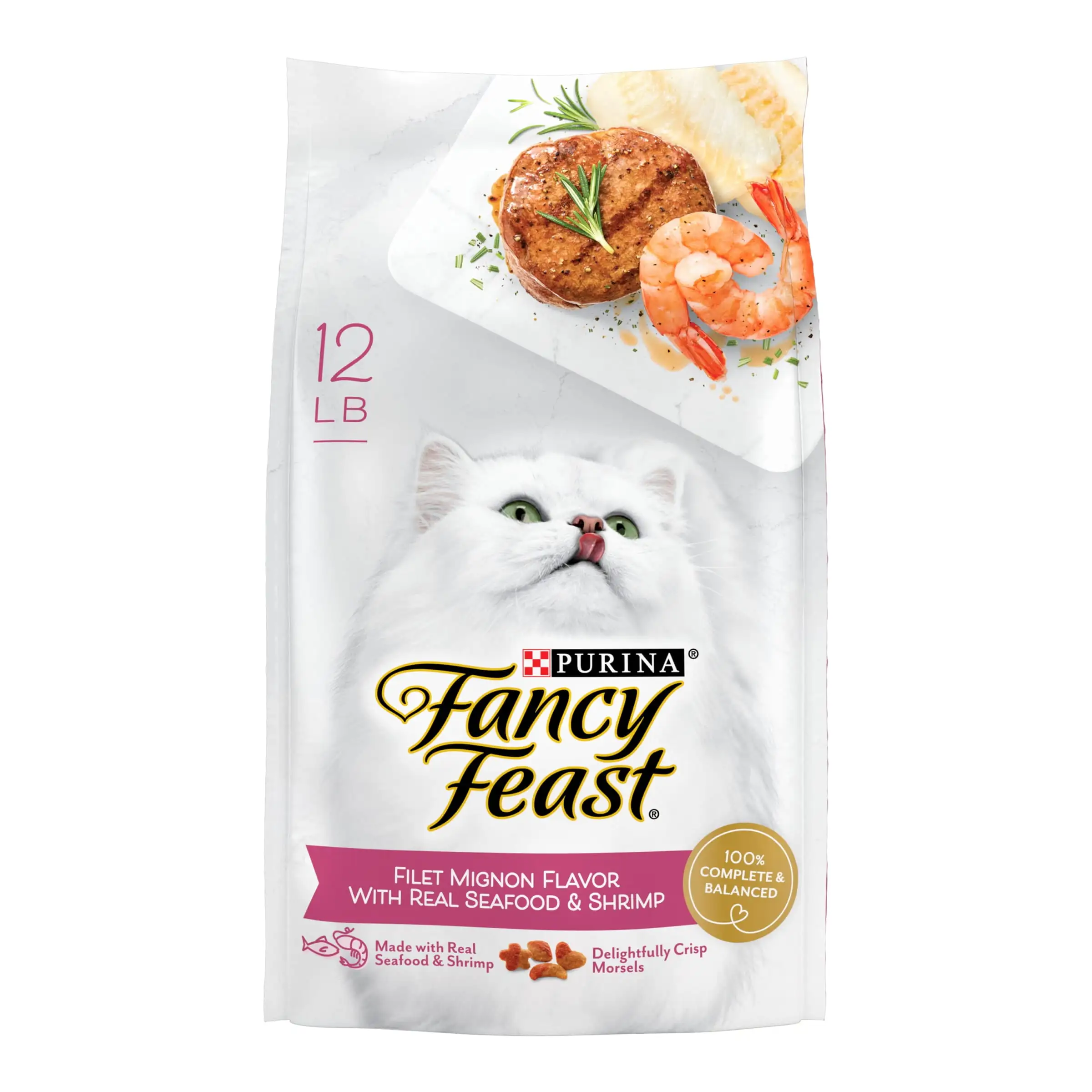 Purina Fancy Feast Dry Cat Food Filet Mignon Flavor with Seafood and Shrimp. 12 lb. Bag