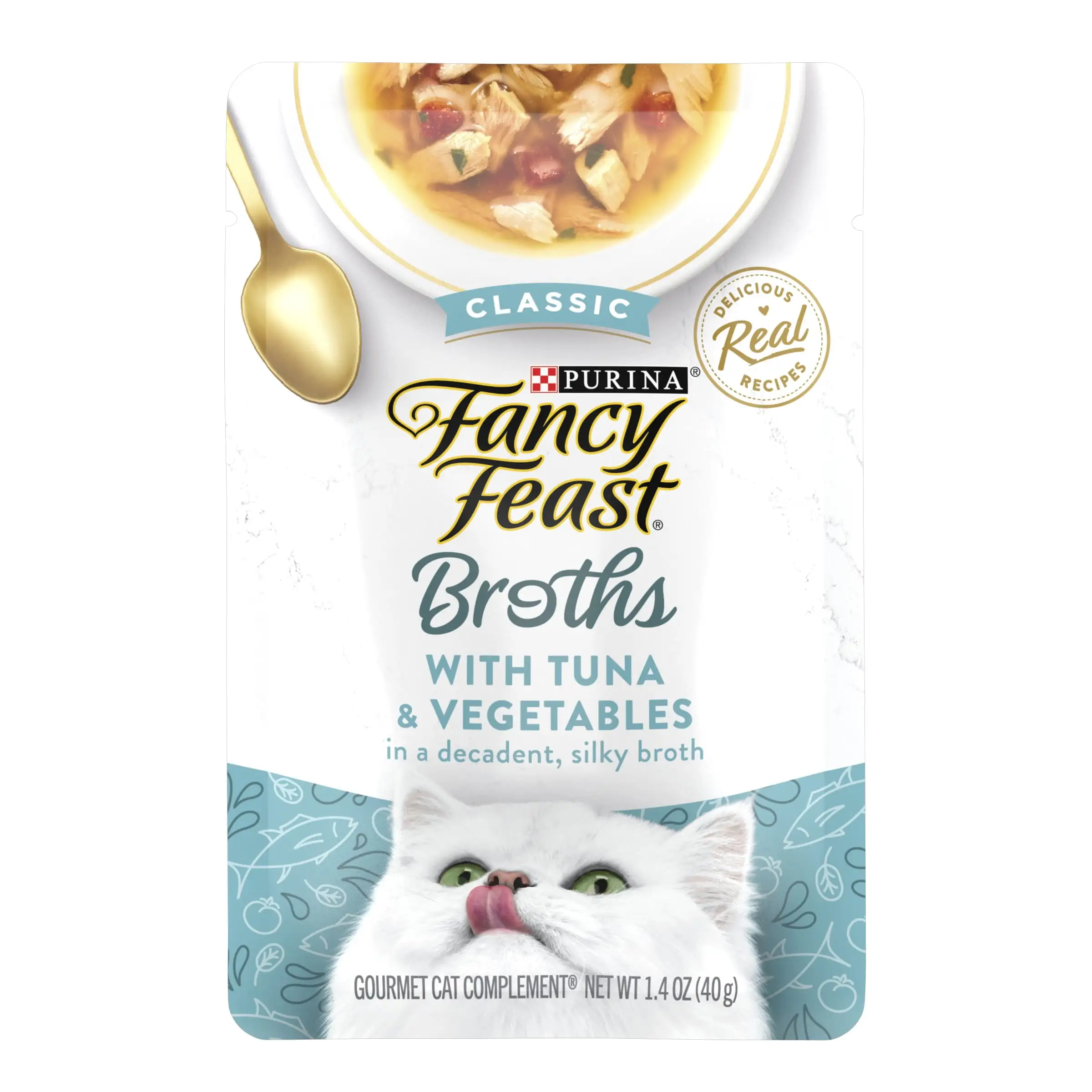 Purina Fancy Feast Lickable Wet Cat Food Broth Topper Classic Compliment Tuna and Vegetable. 1.4 oz. Pouch