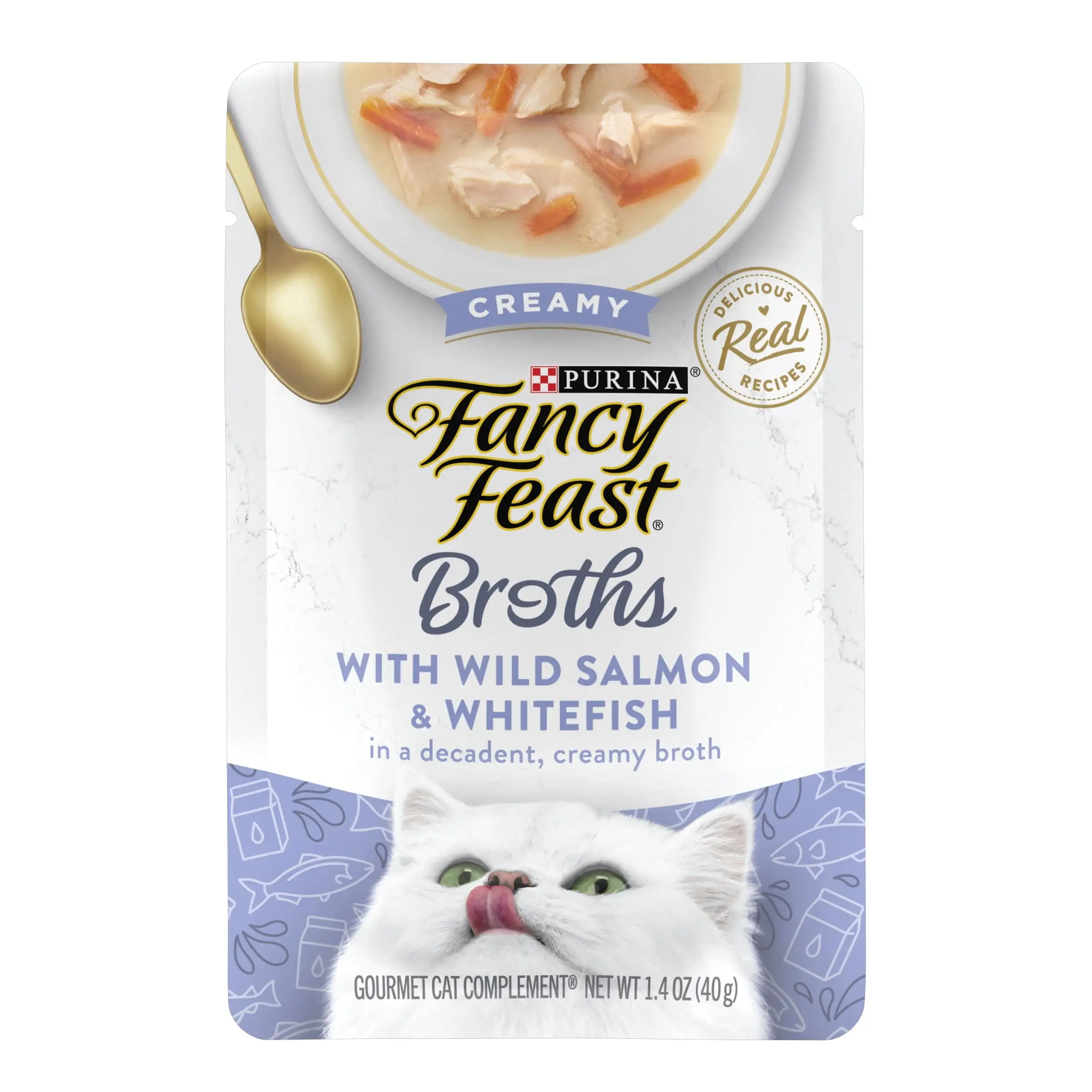 Purina Fancy Feast Lickable Wet Cat Food Broth Topper Creamy Wild Salmon and Whitefish - 1.4 oz. Pouch