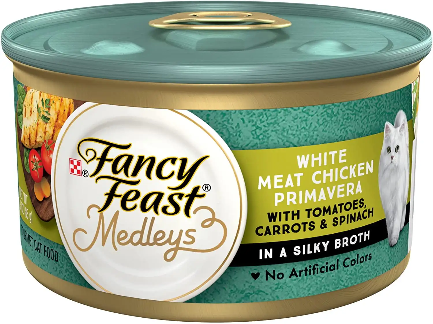 Purina Fancy Feast Medleys Gourmet Cat Food. White Meat Chicken Primavera with Tomatoes. Carrots & Spinach in Silky Broth. No Artificial Colors. 3 OZ Can (Pack of 12)