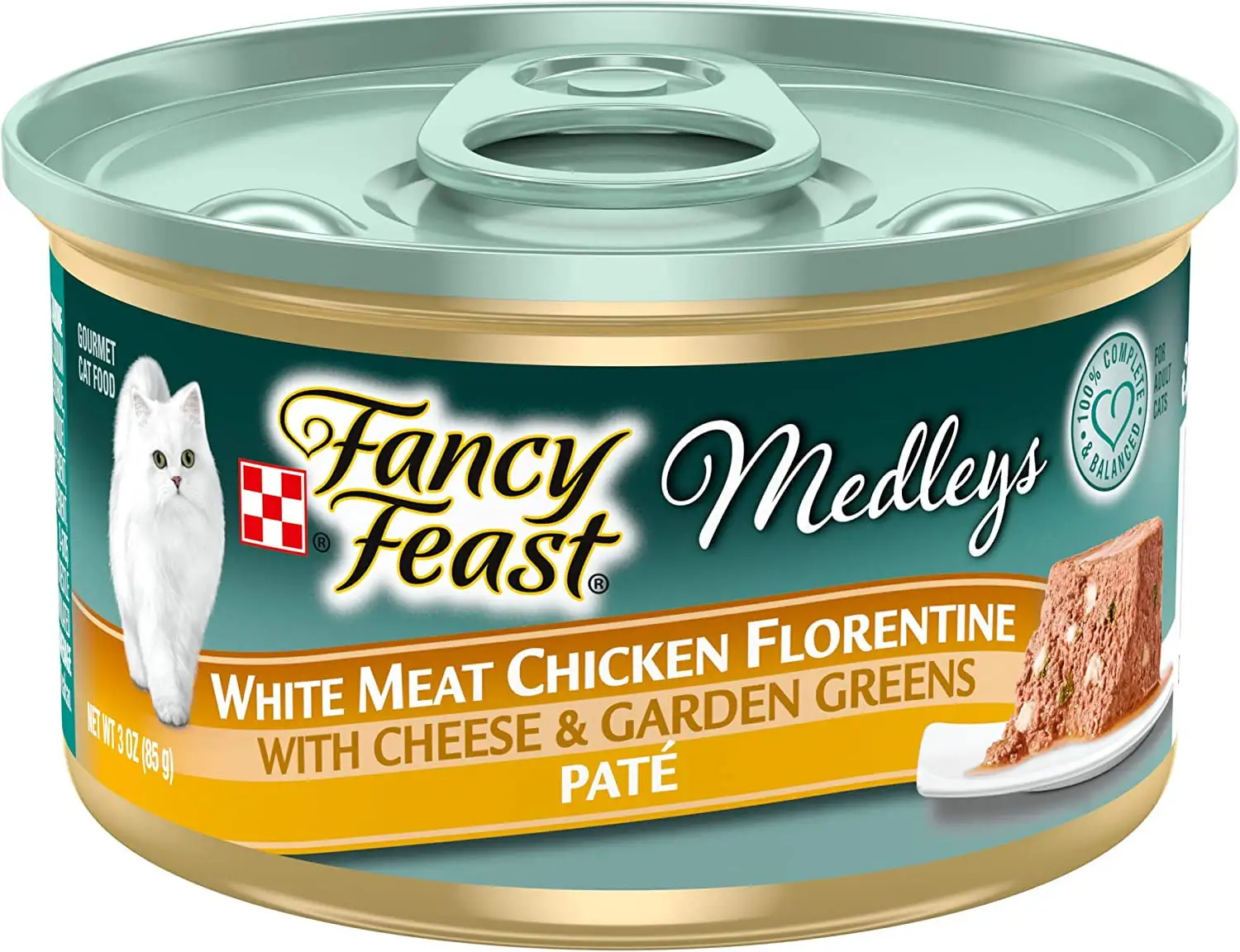 Purina Fancy Feast Medleys Wet Gourmet Cat Food. White Meat Chicken Florentine with Cheese & Garden Greens Pate. For Adult Cats. 3 Ounce Can (Pack of 24)