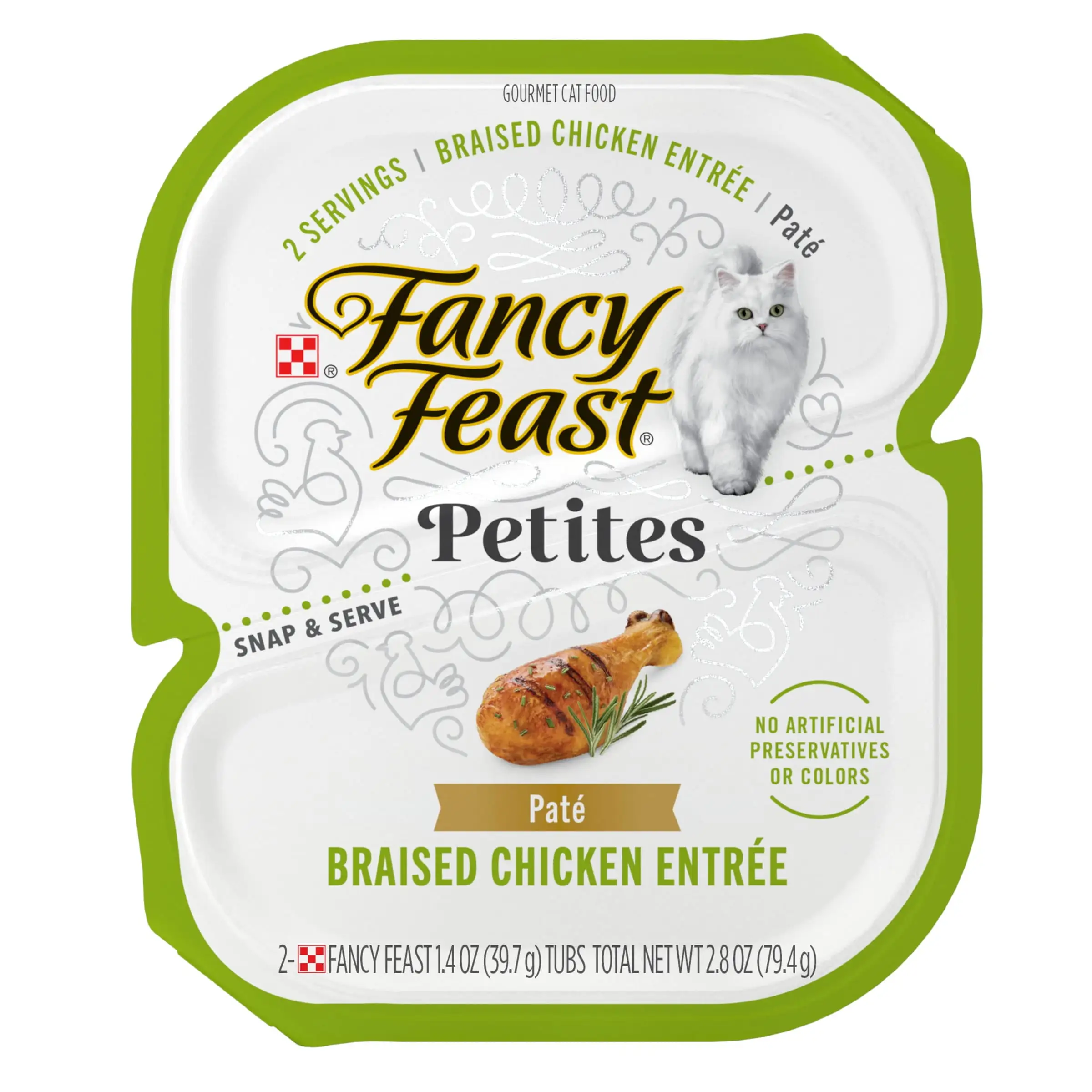 Purina Fancy Feast Petites. Braised Chicken. Pate Wet Cat Food. 2.8 oz Tub