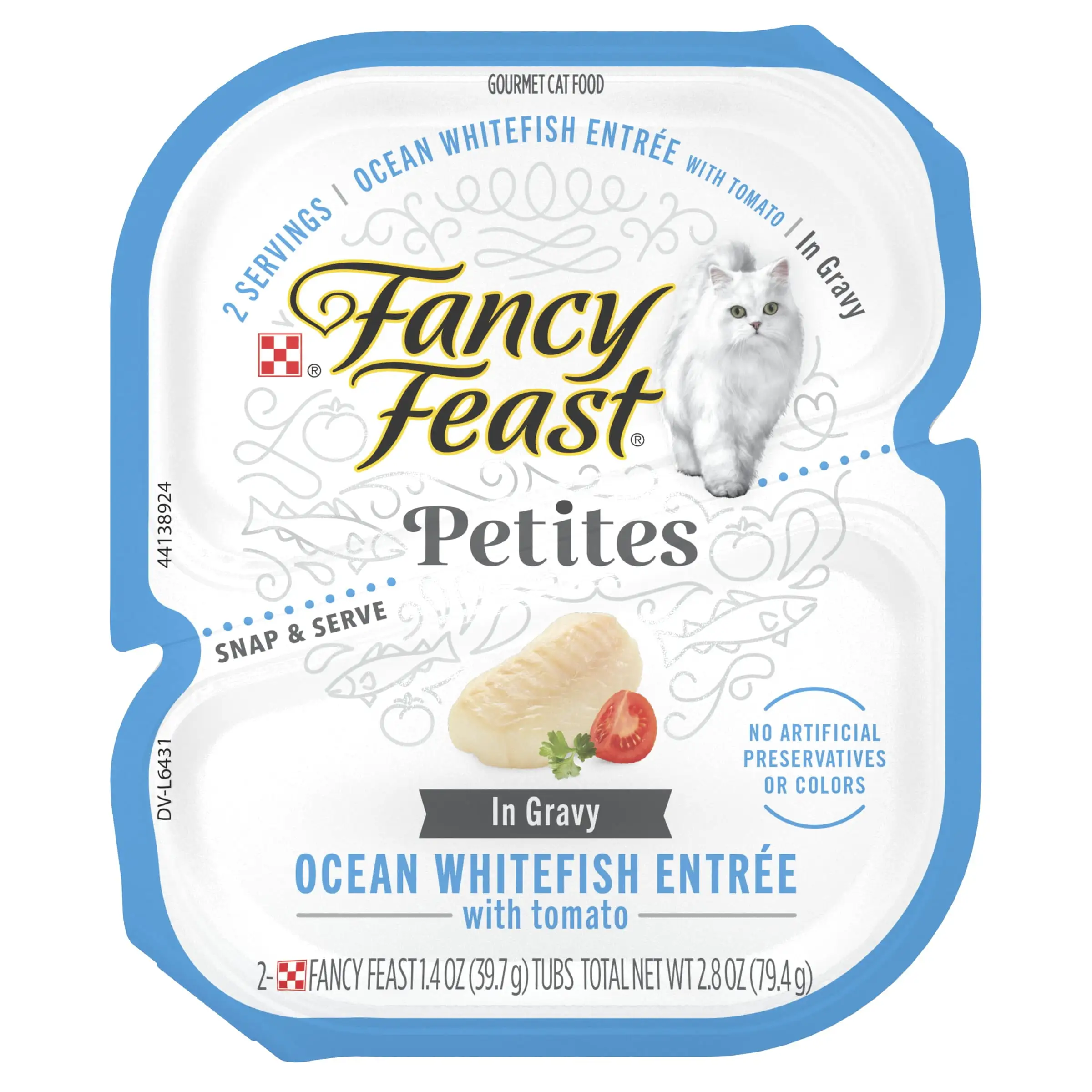 Purina Fancy Feast Petites Gourmet Pate Wet Cat Food. Ocean Whitefish & Tomato Entree. 2.8 oz Tub