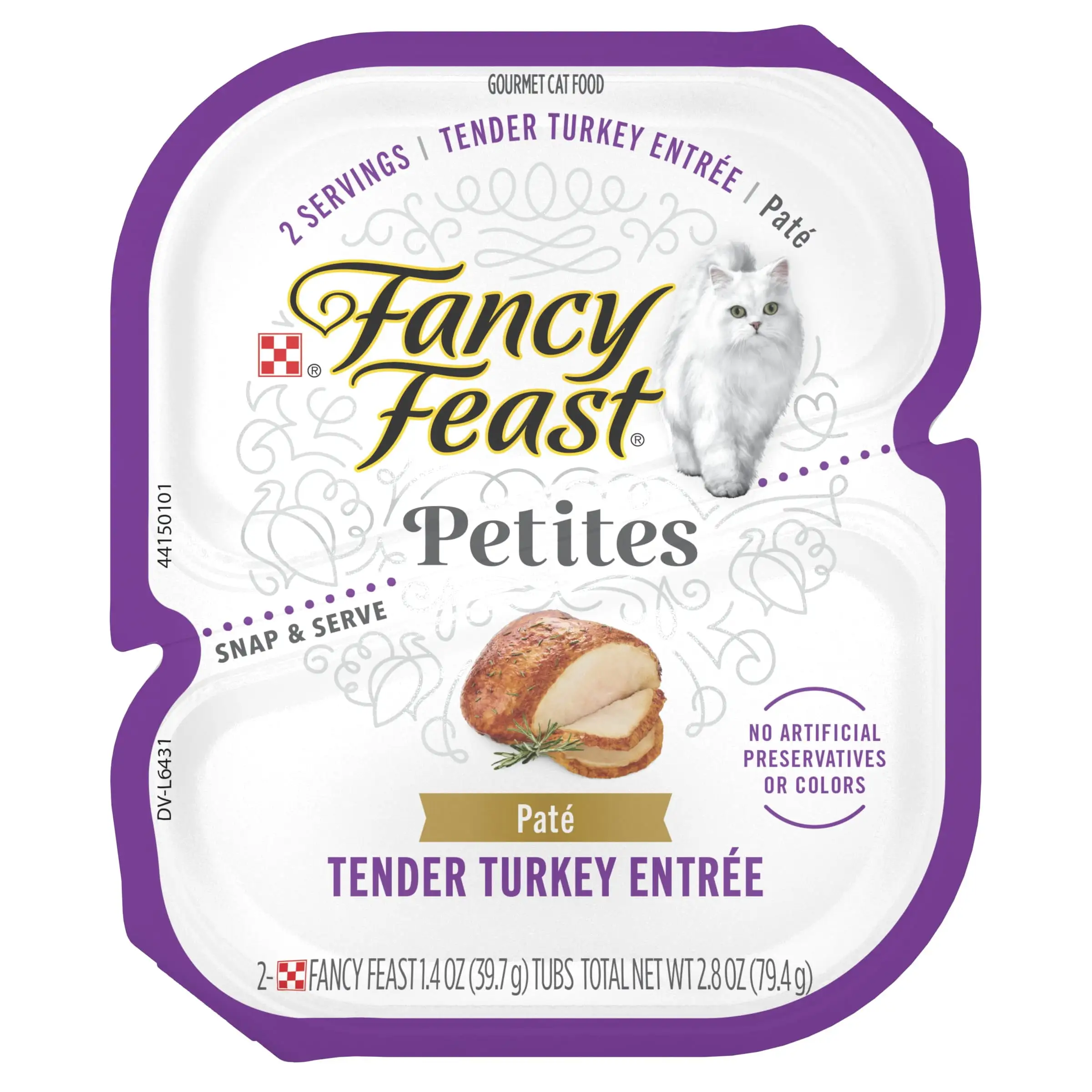 Purina Fancy Feast Petites Gourmet Pate Wet Cat Food. Tender Turkey Entree. 2.8 oz Tub