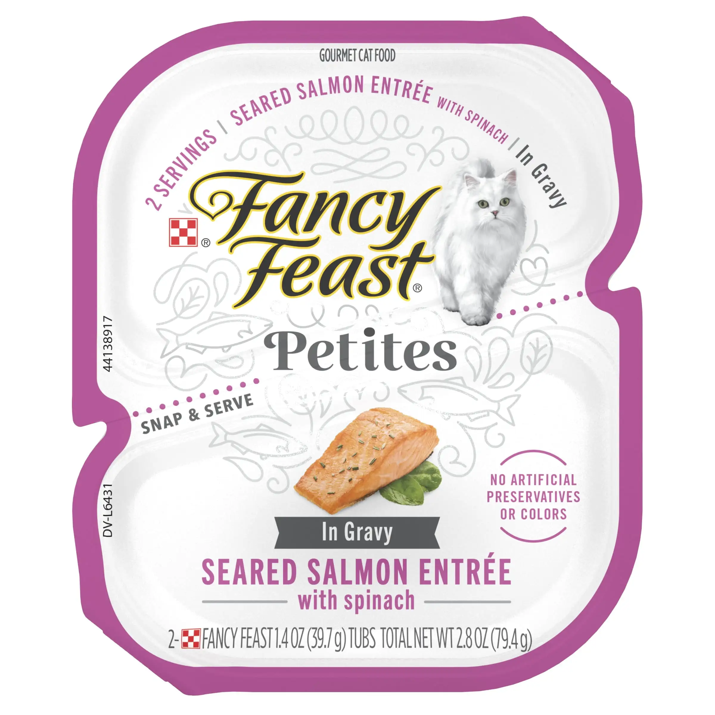 Purina Fancy Feast Petites Gravy Wet Cat Food. Salmon & Spinach. 2.8 oz Tub