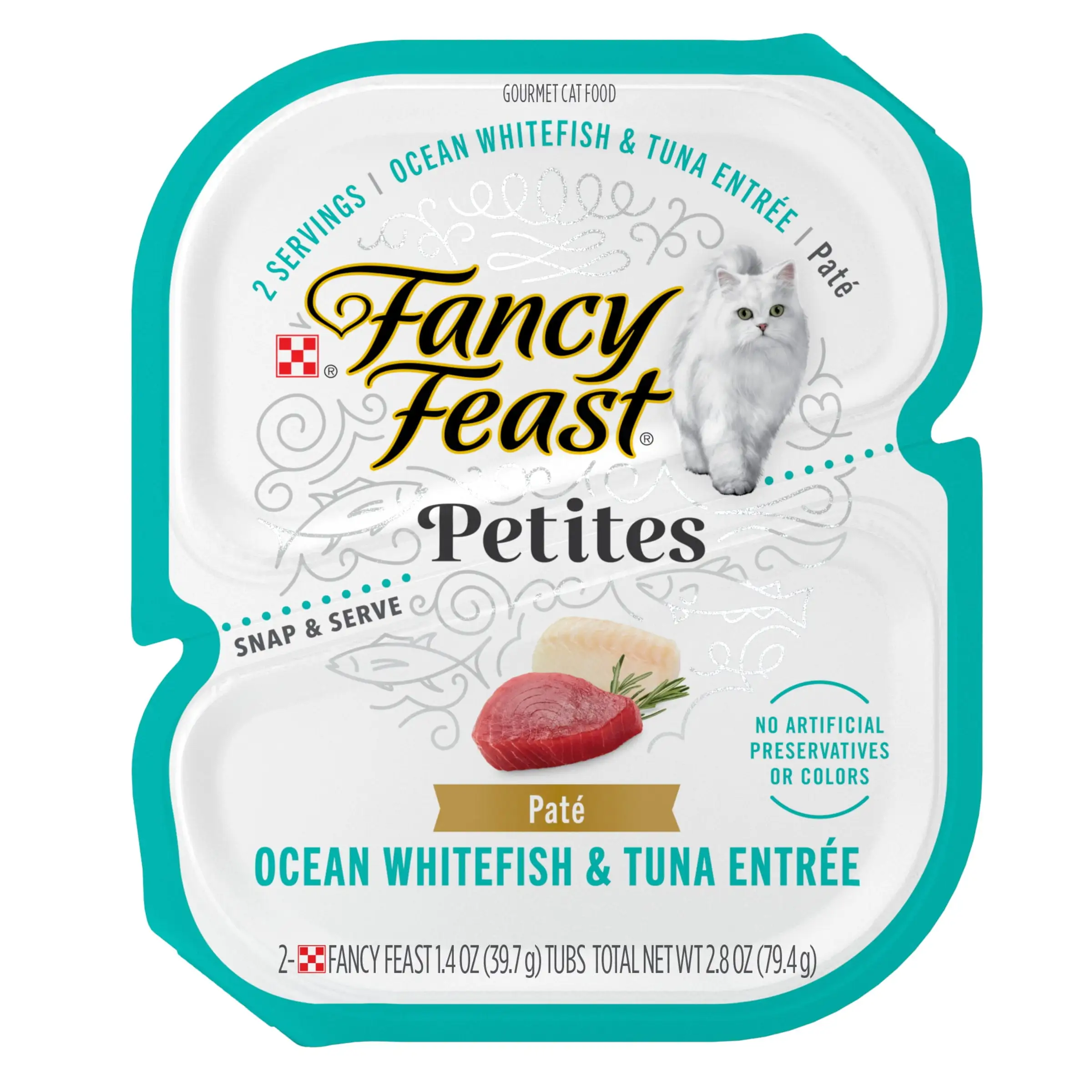 Purina Fancy Feast Petites Pate Wet Cat Food. Soft Grain Free Ocean Whitefish & Tuna. 2.8 oz Tubs (12 Pack)