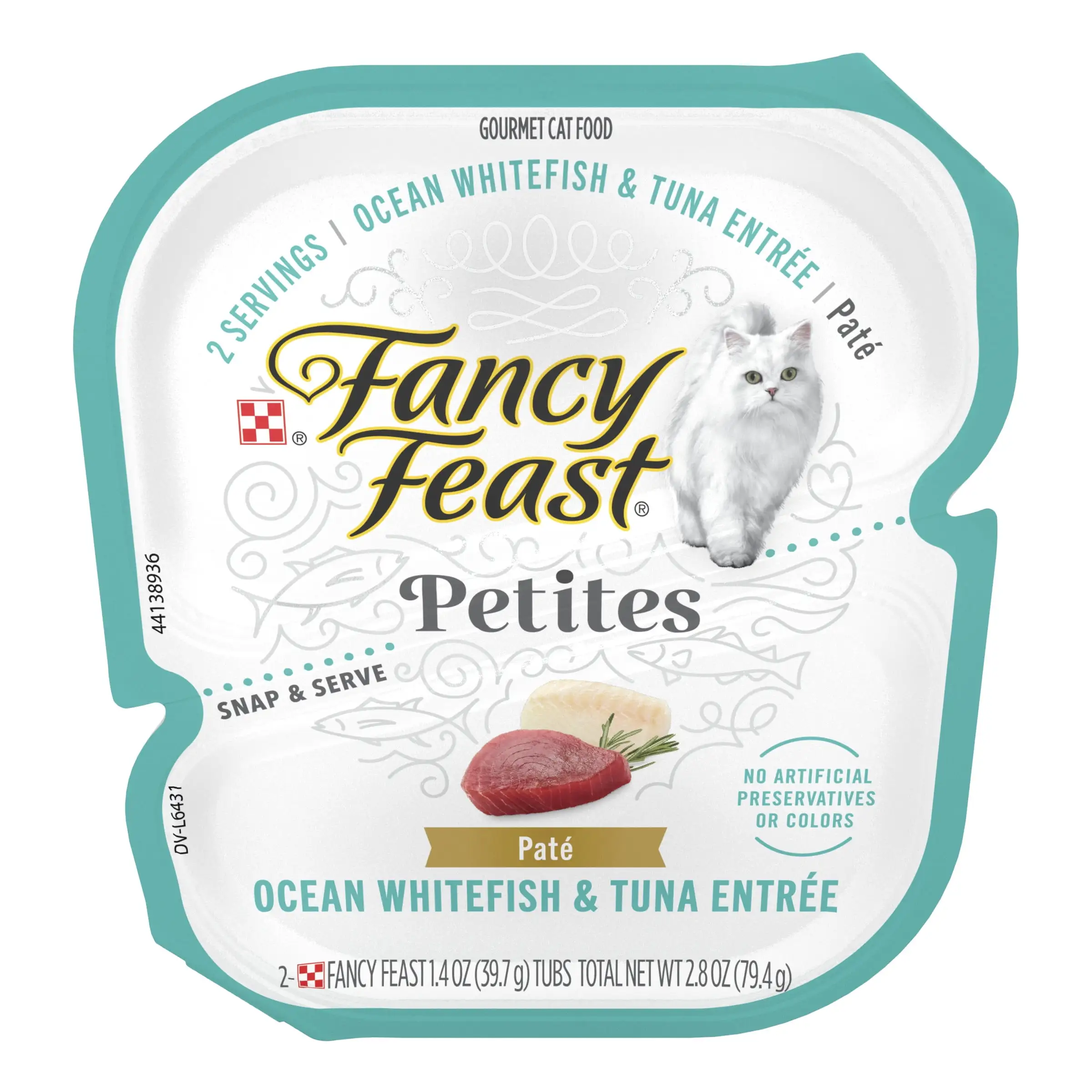 Purina Fancy Feast Petites. White Fish & Tuna. Pate Wet Cat Food. 2.8 oz Tub