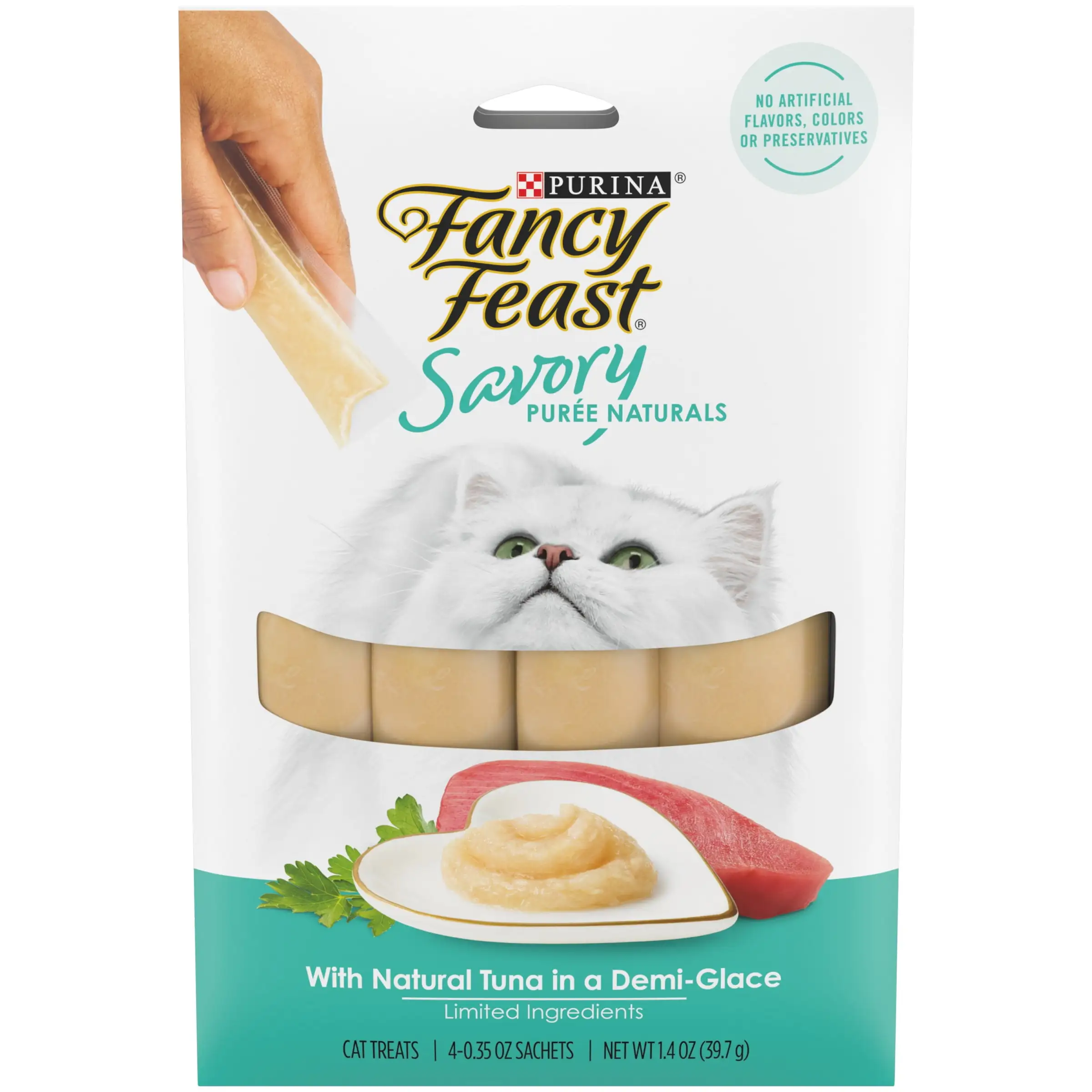 Purina Fancy Feast Squeezable Cat Treats Tube. Savory Puree Naturals With Natural Tuna in a Demi-Glace - 1.4 oz Box