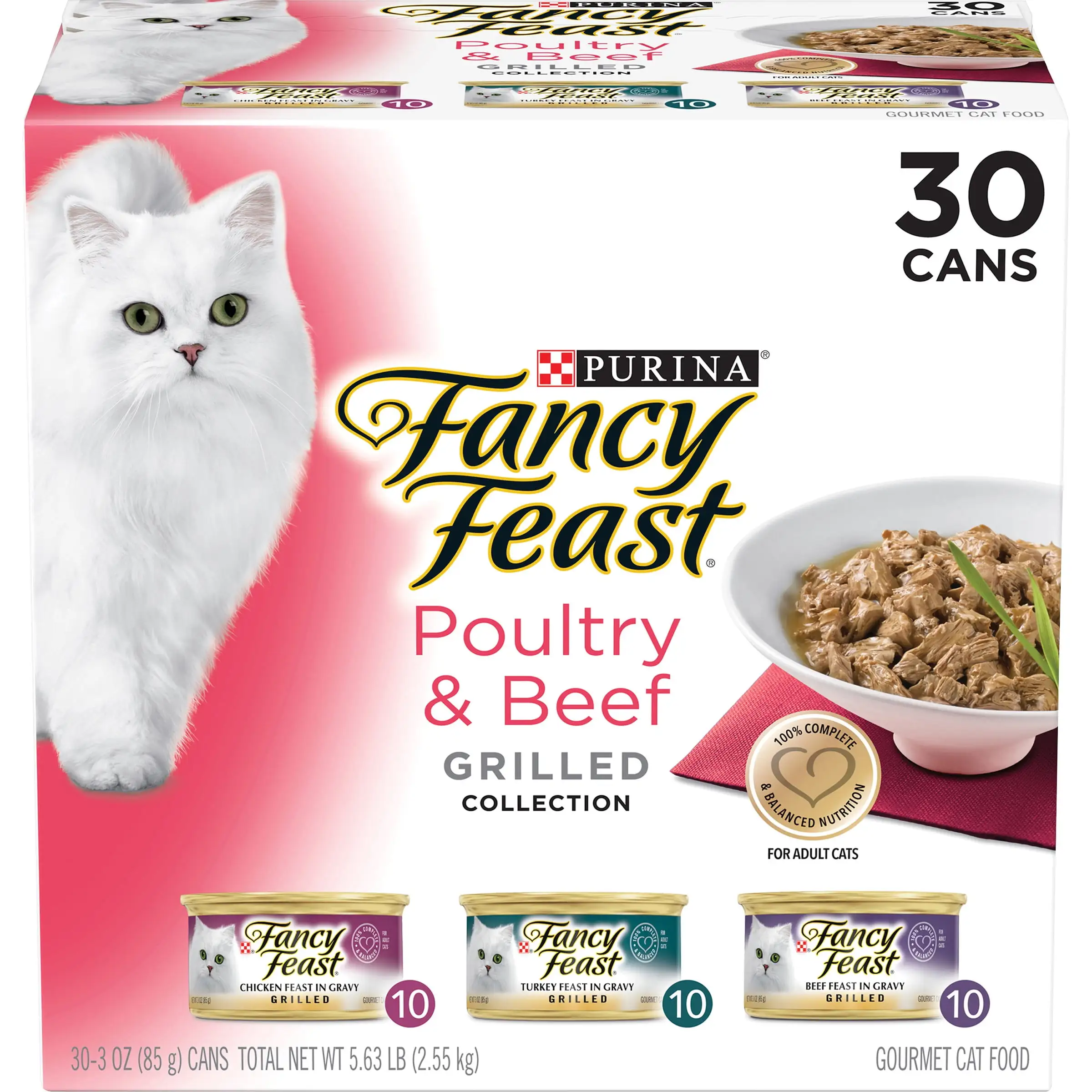 Purina Fancy Feast Wet Cat Food. Poultry & Beef Grilled Collection Variety Pack. 3 oz. Cans (30 Pack)