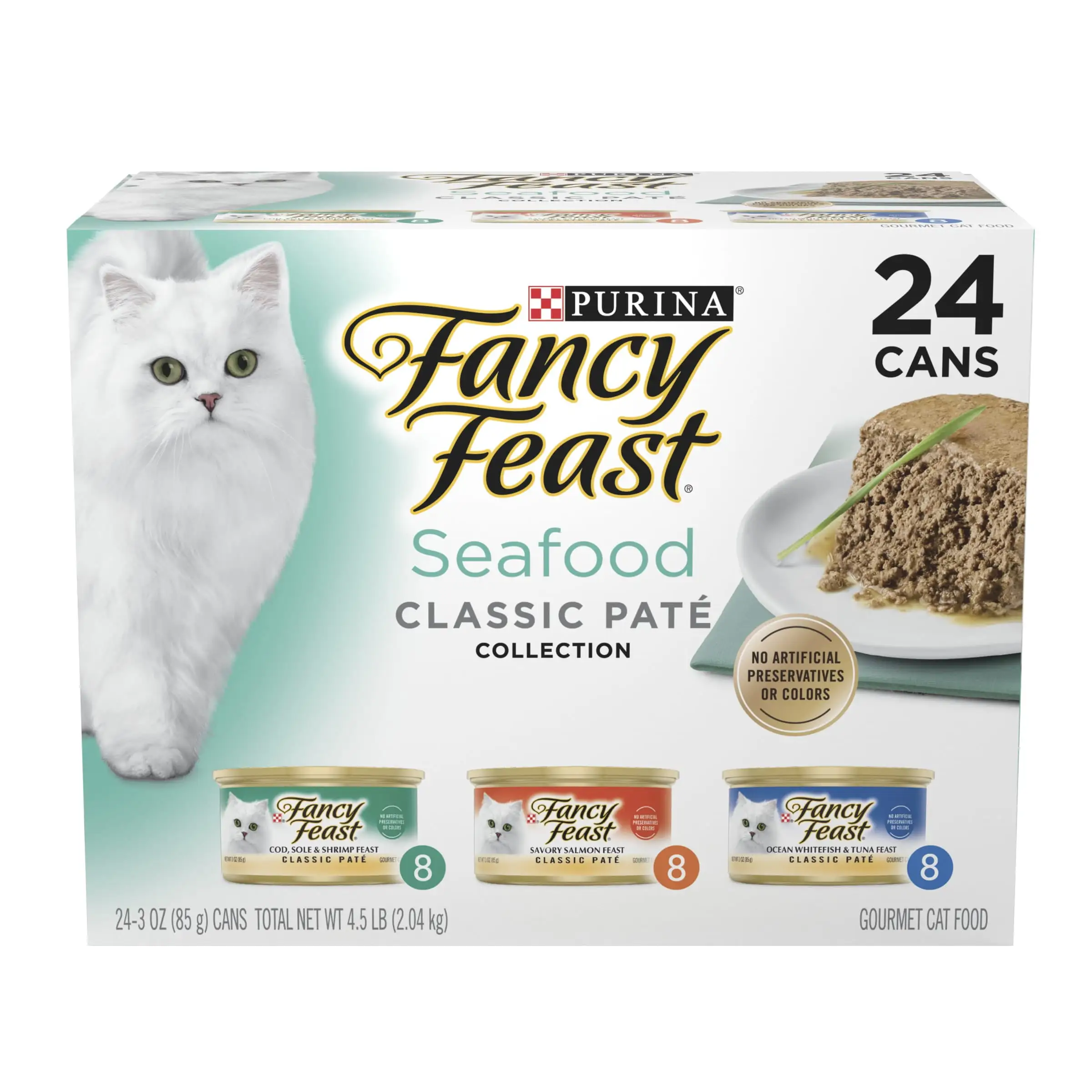 Purina Fancy Feast Wet Cat Food. Seafood Classic Pate Collection Grain Free Variety Pack. 3 oz. Cans (24 Pack)