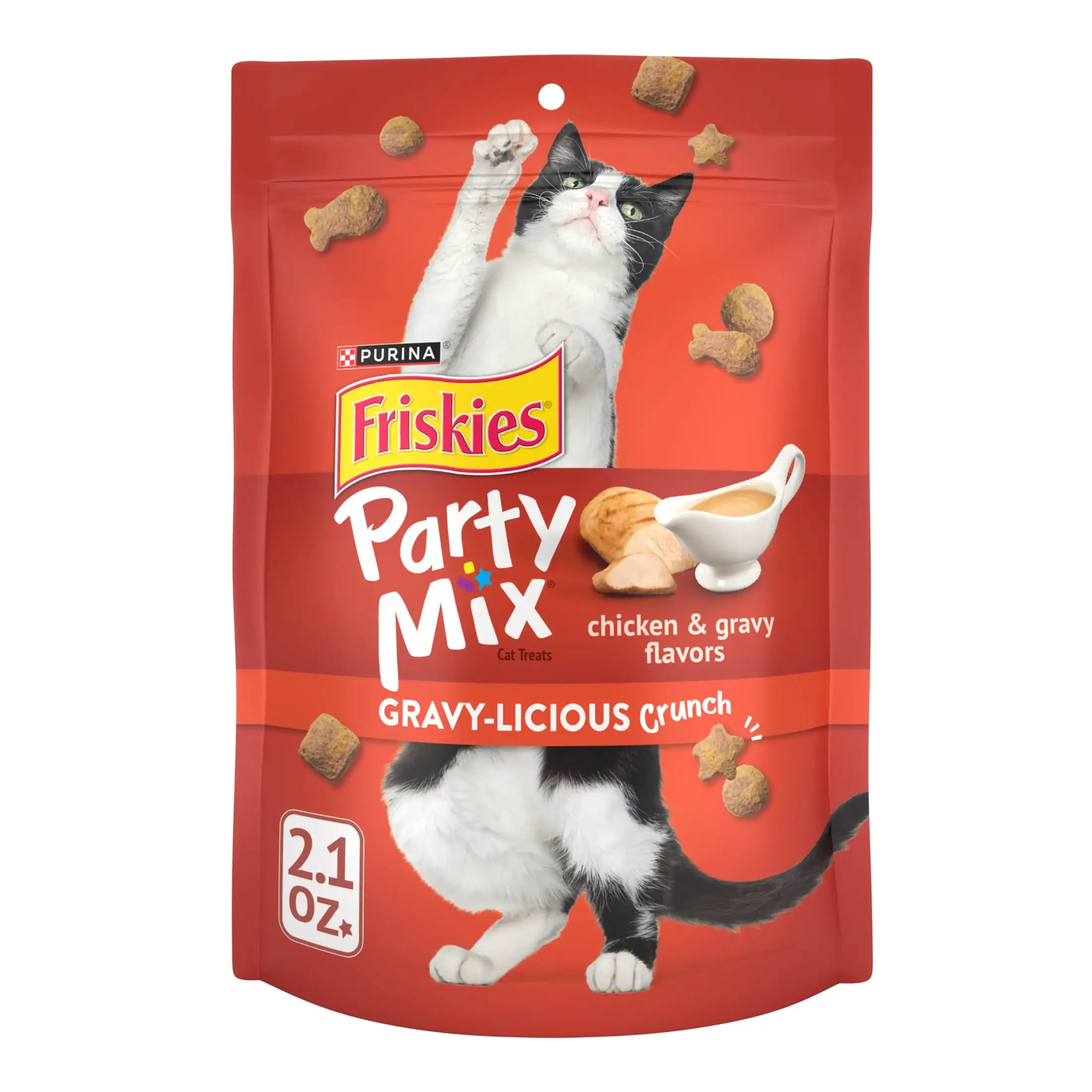 Purina Friskies Cat Treats. Party Mix Gravy-licious Crunch Chicken and Gravy Flavors