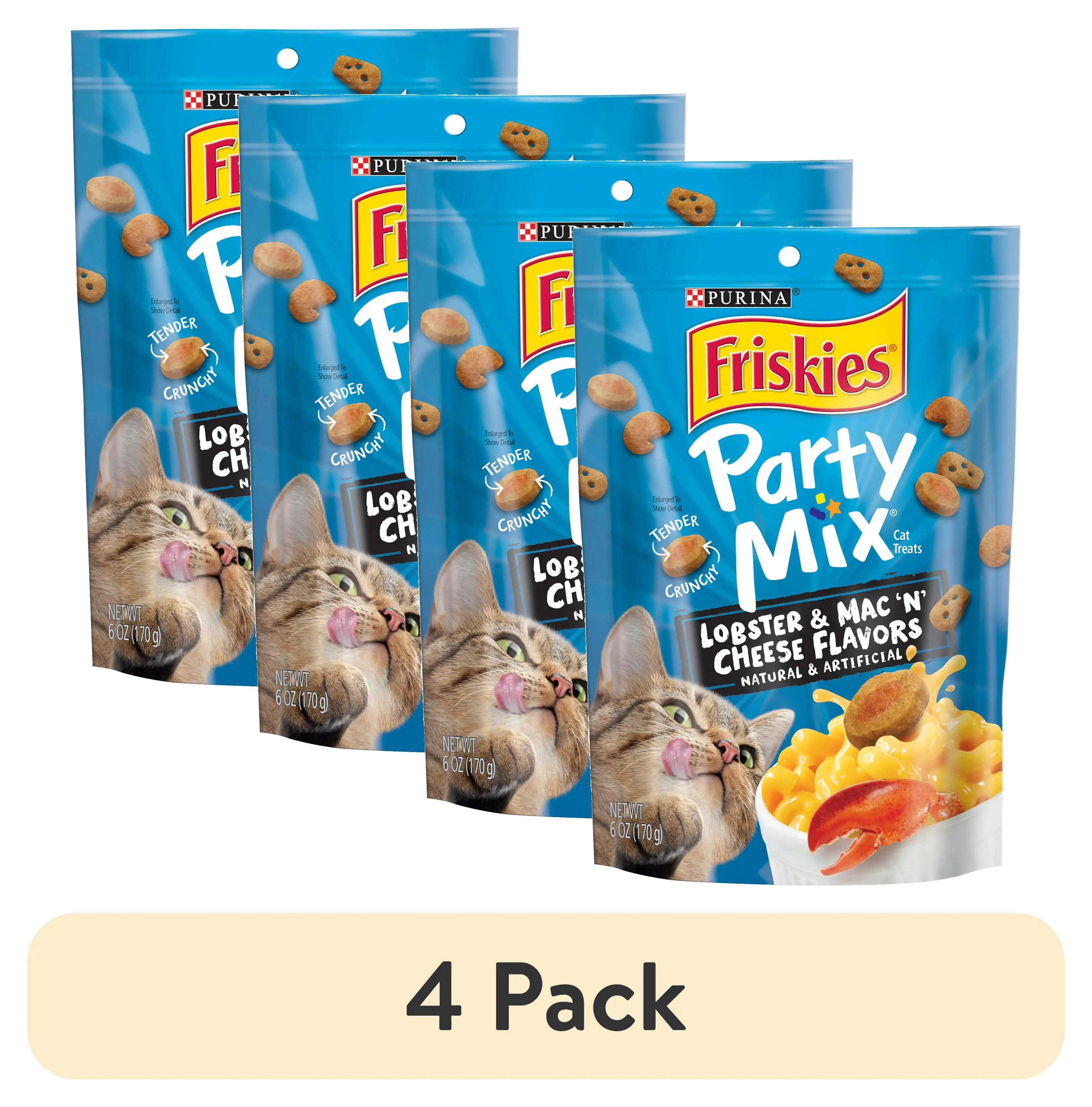 (4 pack) Purina Friskies Cat Treats. Party Mix Lobster and Mac 'N' Cheese Flavors