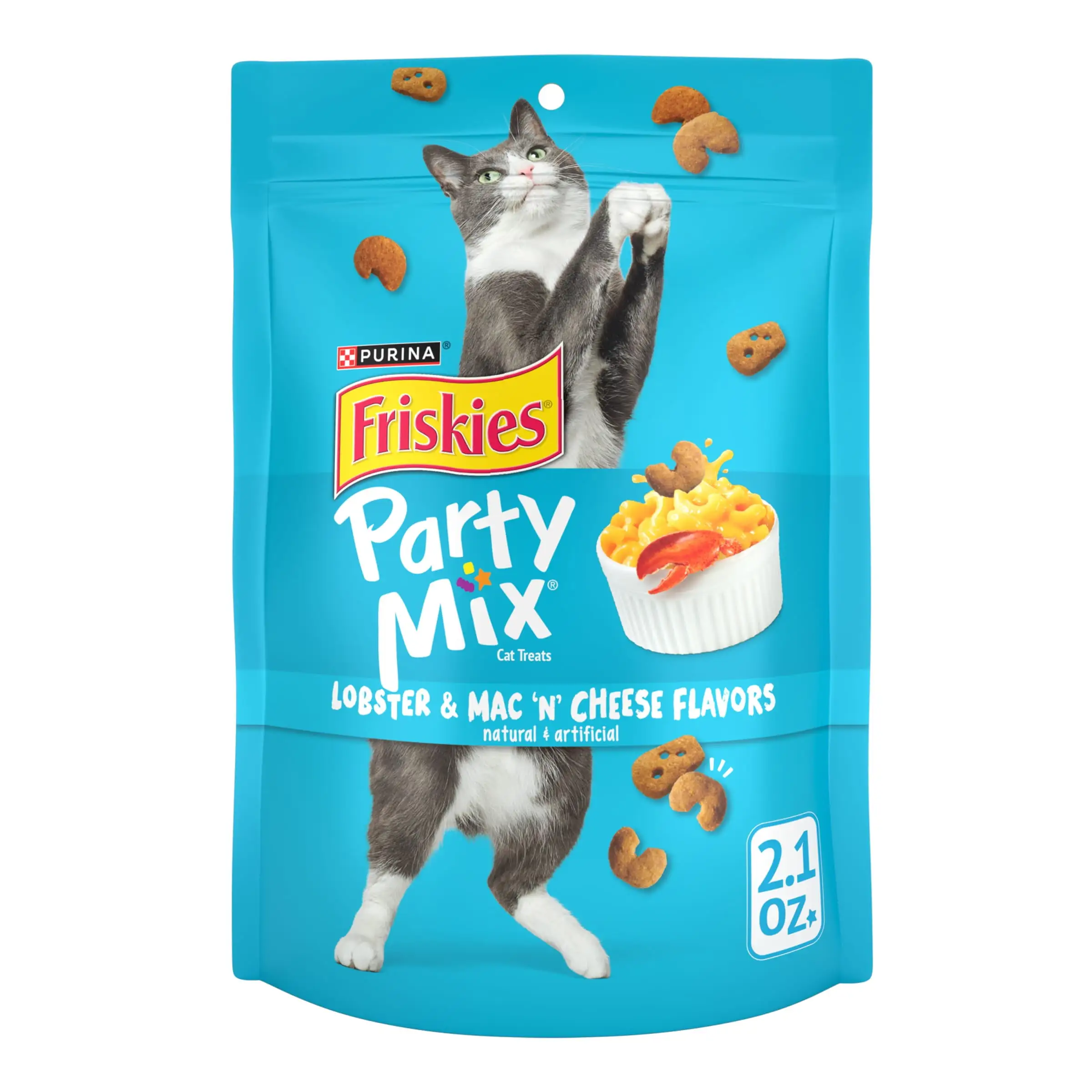 Purina Friskies Cat Treats. Party Mix Lobster and Mac 'N' Cheese Flavors